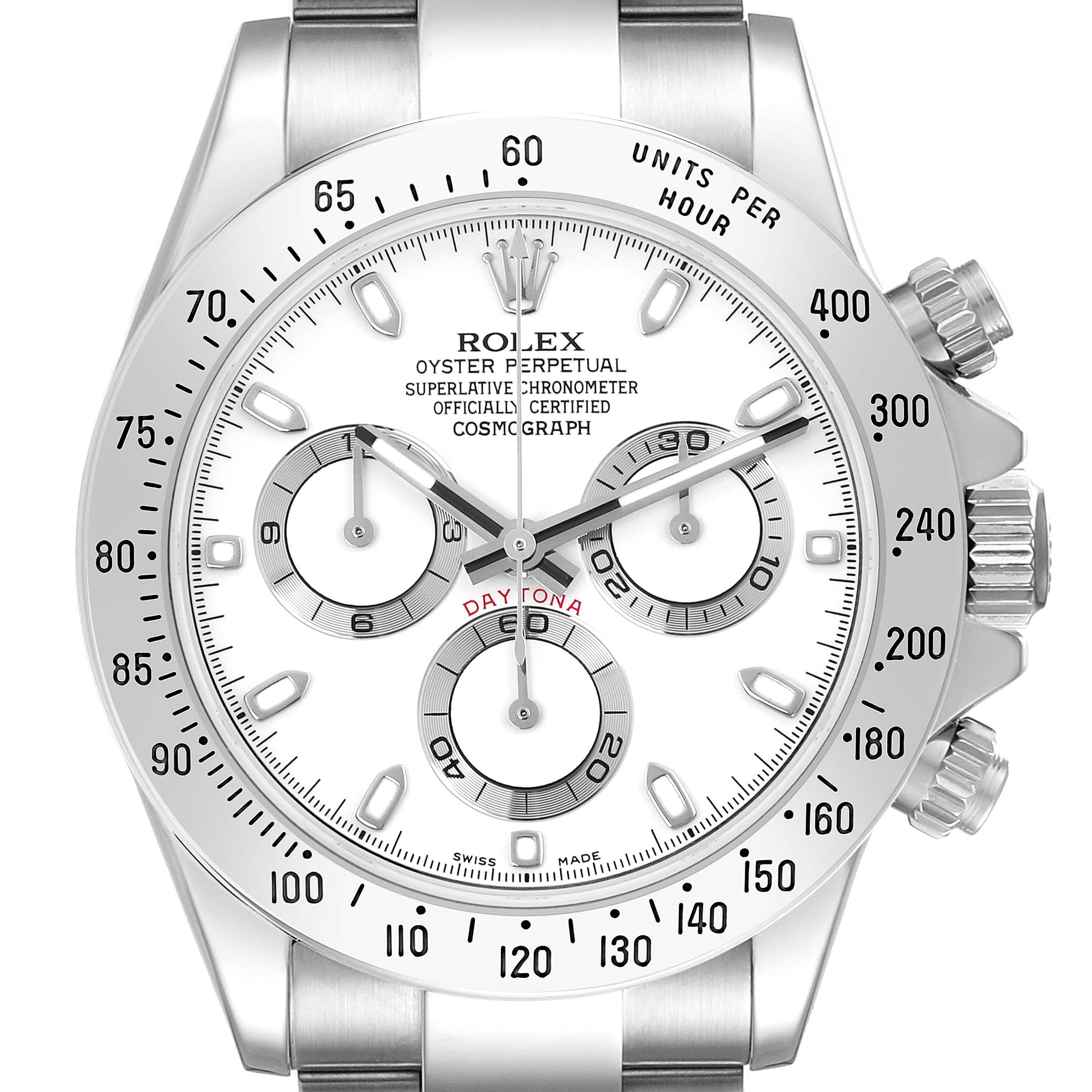 The Rolex Daytona 116520 Men's Stainless Steel White Dial 116520 Men's Stainless Steel White Dial watch is shown from the front, highlighting the dial, subdials, bezel, and crown.