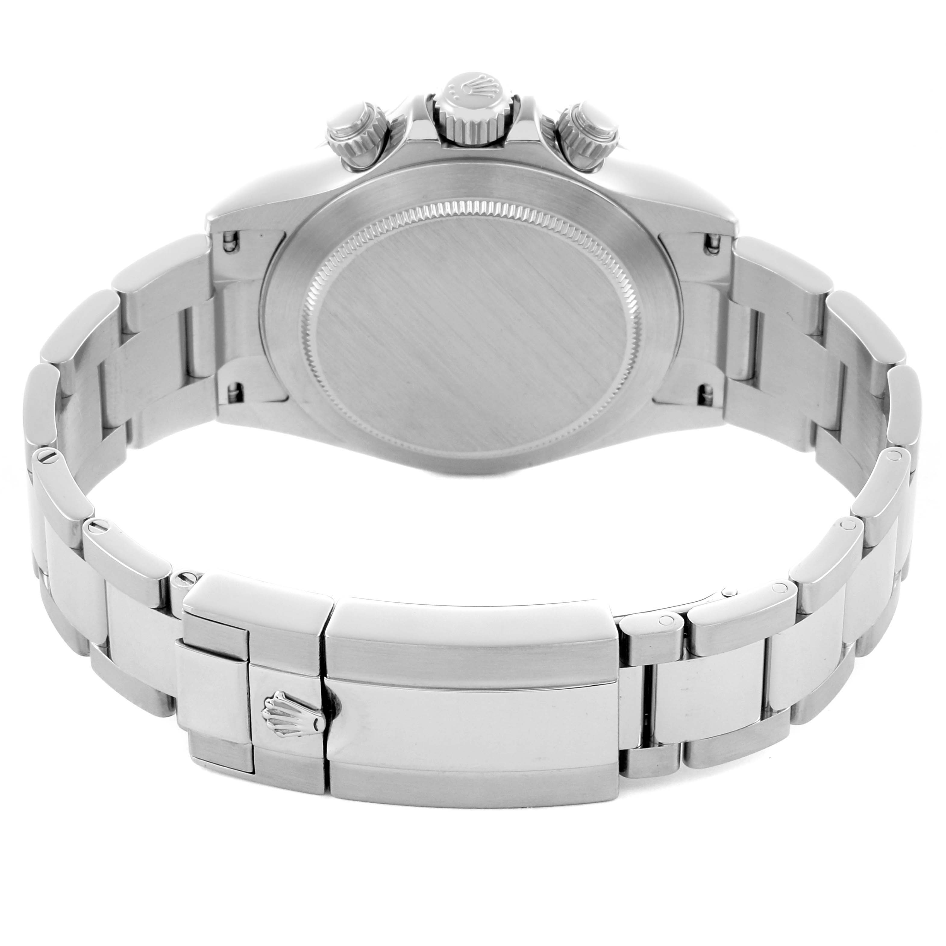 The image shows the back case, bracelet, and crown of a Rolex Daytona 116520 Men's Stainless Steel White Dial 116520 Men's Stainless Steel White Dial watch from the rear angle.