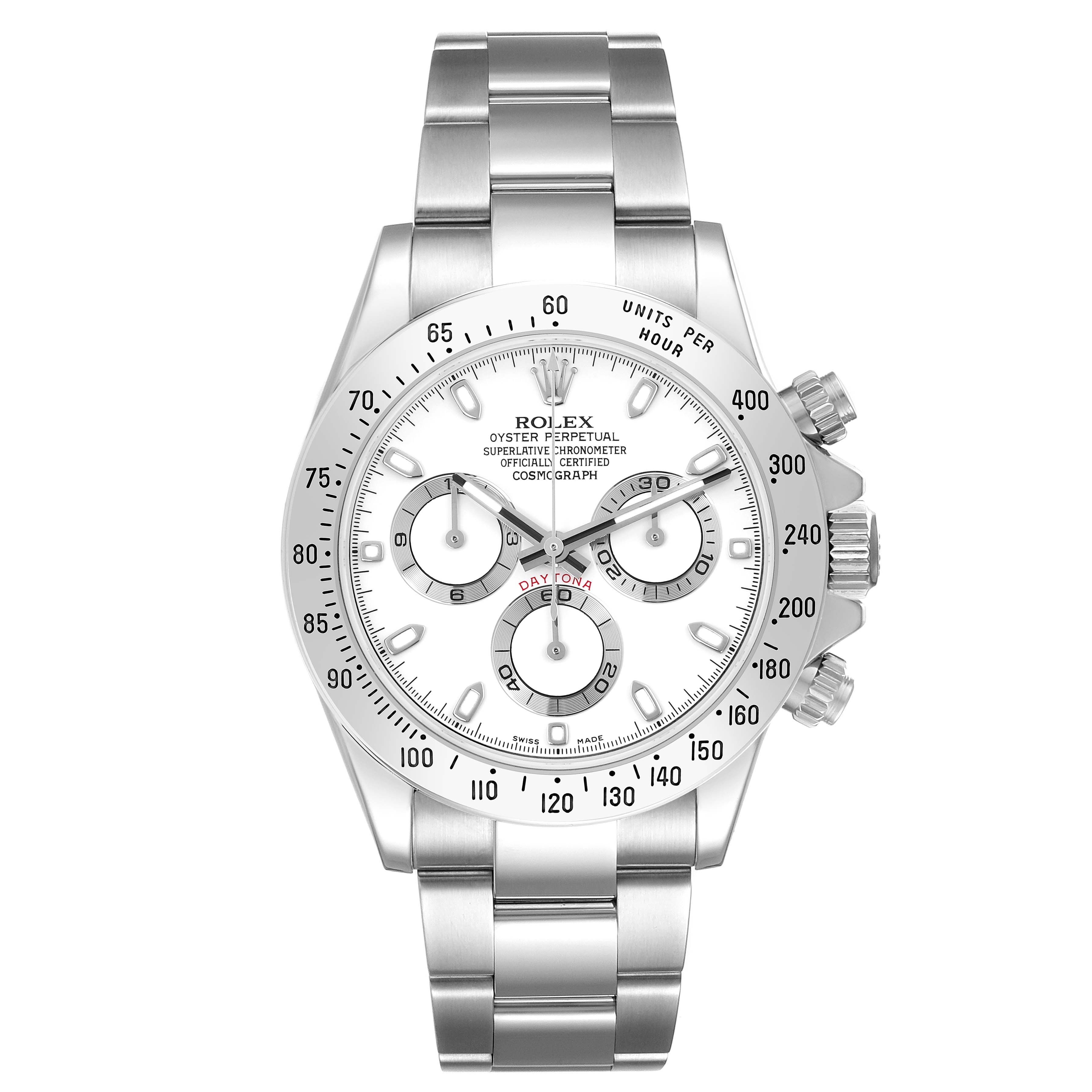 The image shows a front view of the Rolex Daytona 116520 Men's Stainless Steel White Dial 116520 Men's Stainless Steel White Dial watch, highlighting the dial, bezel, and bracelet.