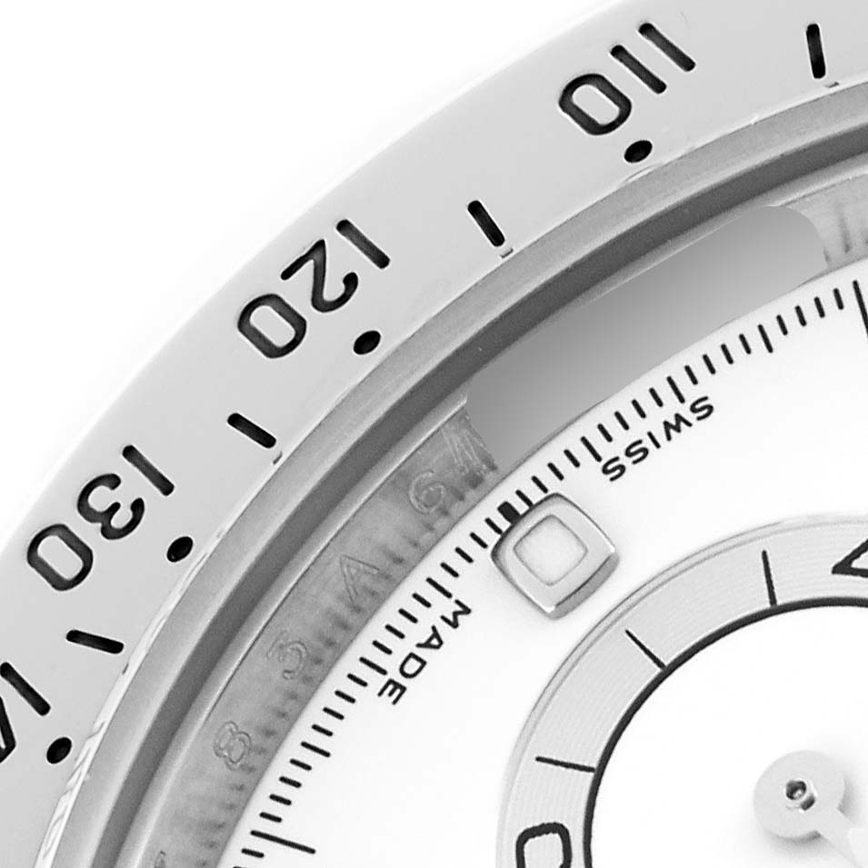 The image shows the bezel and part of the dial of a Rolex Daytona 116520 Men's Stainless Steel White Dial 116520 Men's Stainless Steel White Dial, focusing on the minute markings.