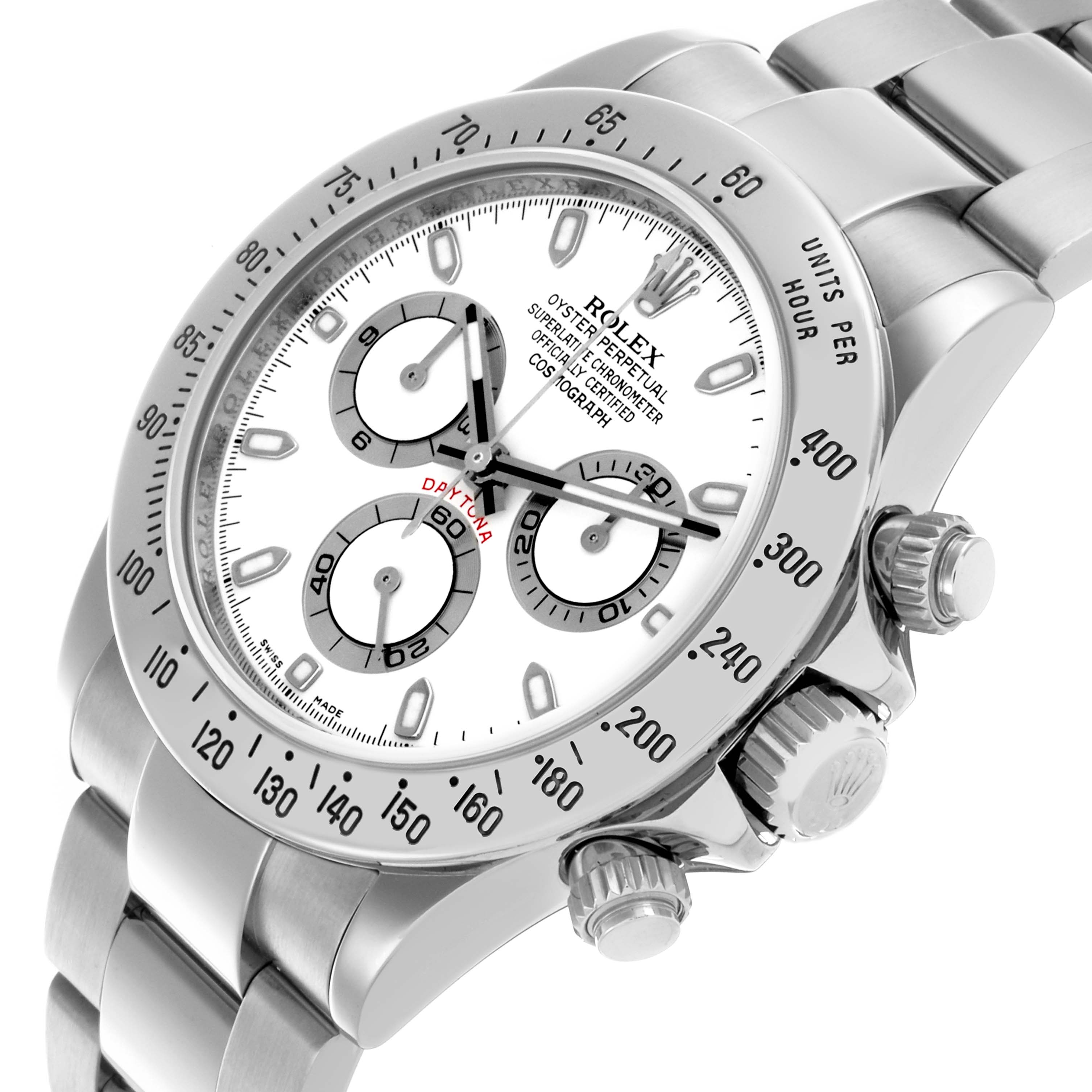 The image shows a Rolex Daytona 116520 Men's Stainless Steel White Dial 116520 Men's Stainless Steel White Dial watch from a side angle, highlighting the dial, bezel, and bracelet.