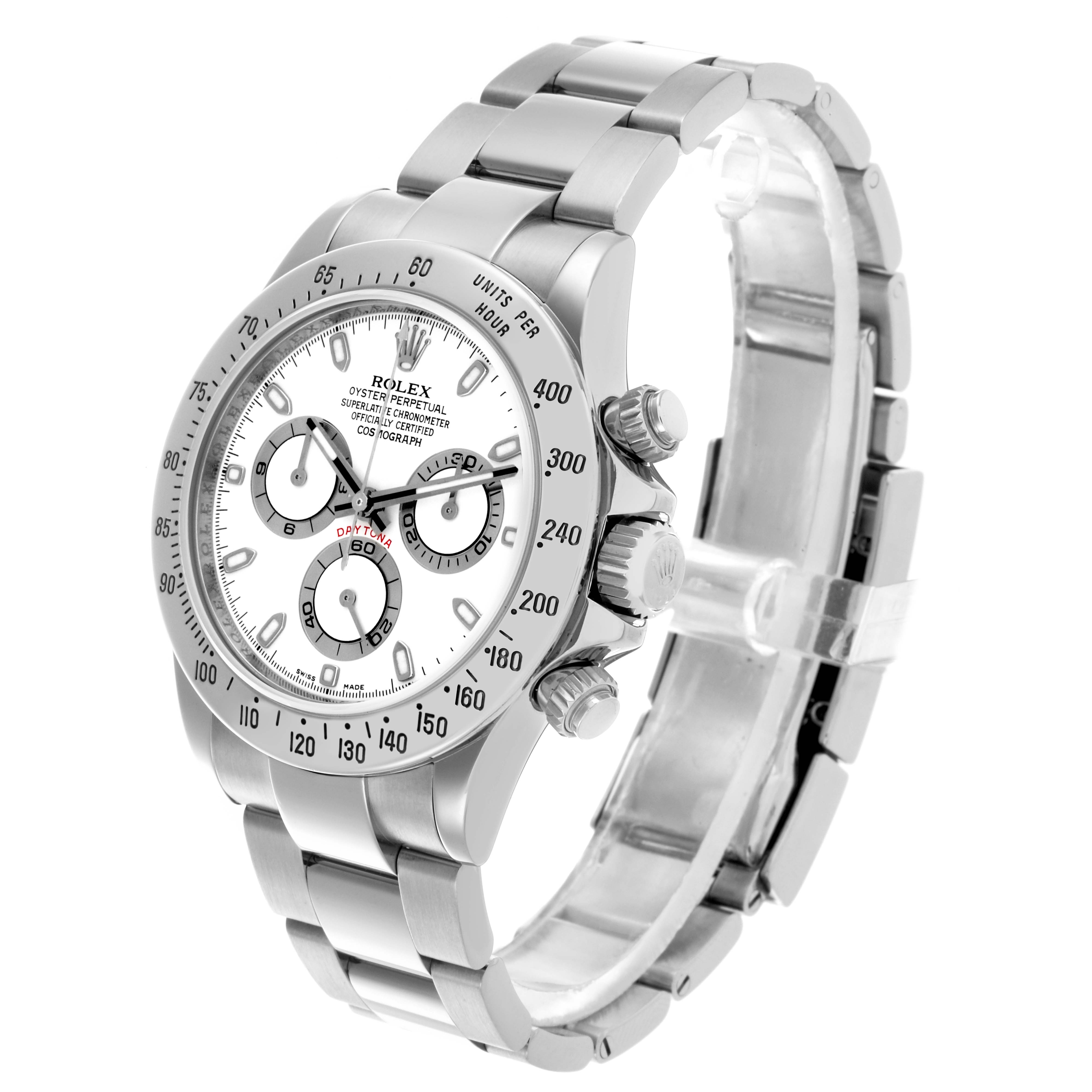 The Rolex Daytona 116520 Men's Stainless Steel White Dial 116520 Men's Stainless Steel White Dial is shown from a slightly tilted side angle, displaying the face, bezel, and bracelet.
