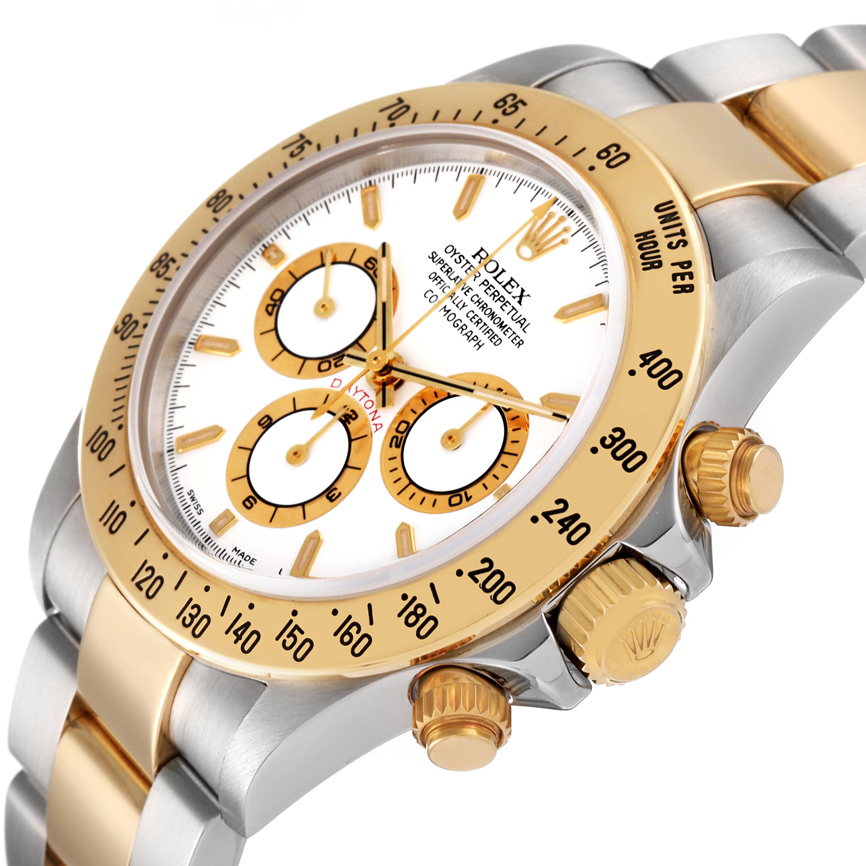 The image shows a close-up angled view of a Rolex Daytona 16523 Men's Steel and Gold (two tone) White Dial 16523 Men's Steel and Gold (two tone) White Dial watch, highlighting the bezel, crown, pushers, and part of the bracelet.