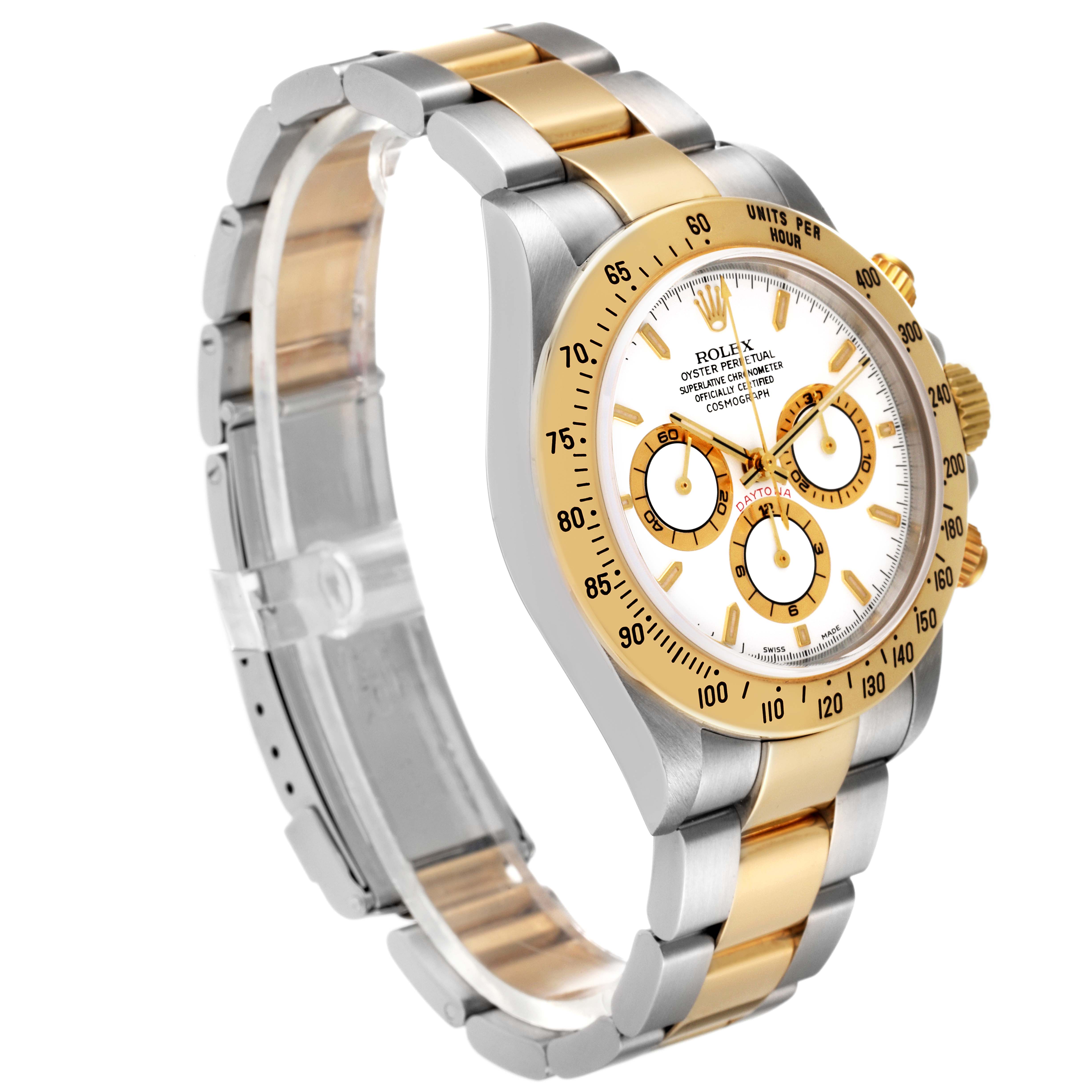 The Rolex Daytona 16523 Men's Steel and Gold (two tone) White Dial 16523 Men's Steel and Gold (two tone) White Dial watch is shown from an angled side view, displaying the bracelet, face, and side buttons.