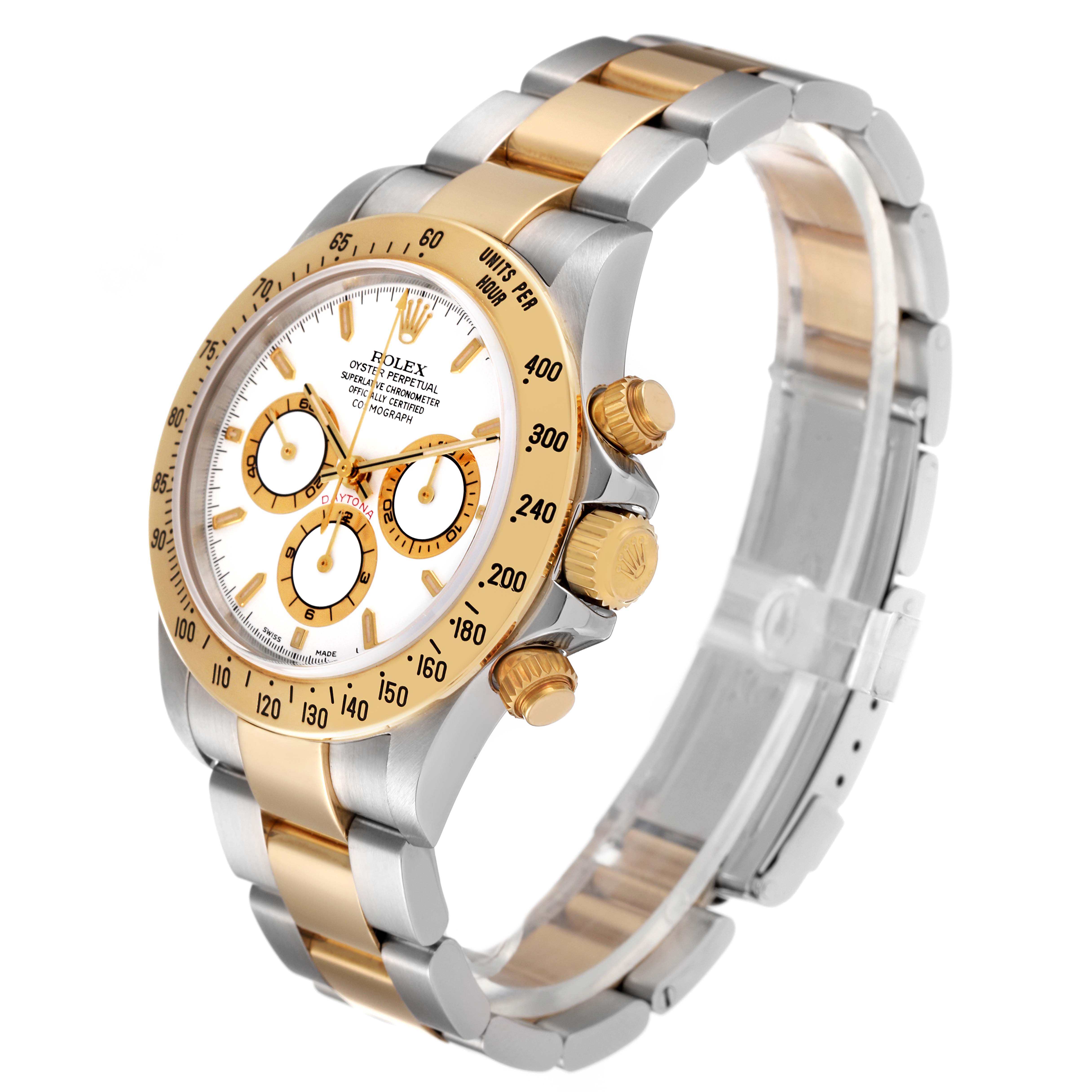 This image shows a side view angle of a Rolex Daytona 16523 Men's Steel and Gold (two tone) White Dial 16523 Men's Steel and Gold (two tone) White Dial watch, highlighting its bezel, dial, crown, and bracelet.