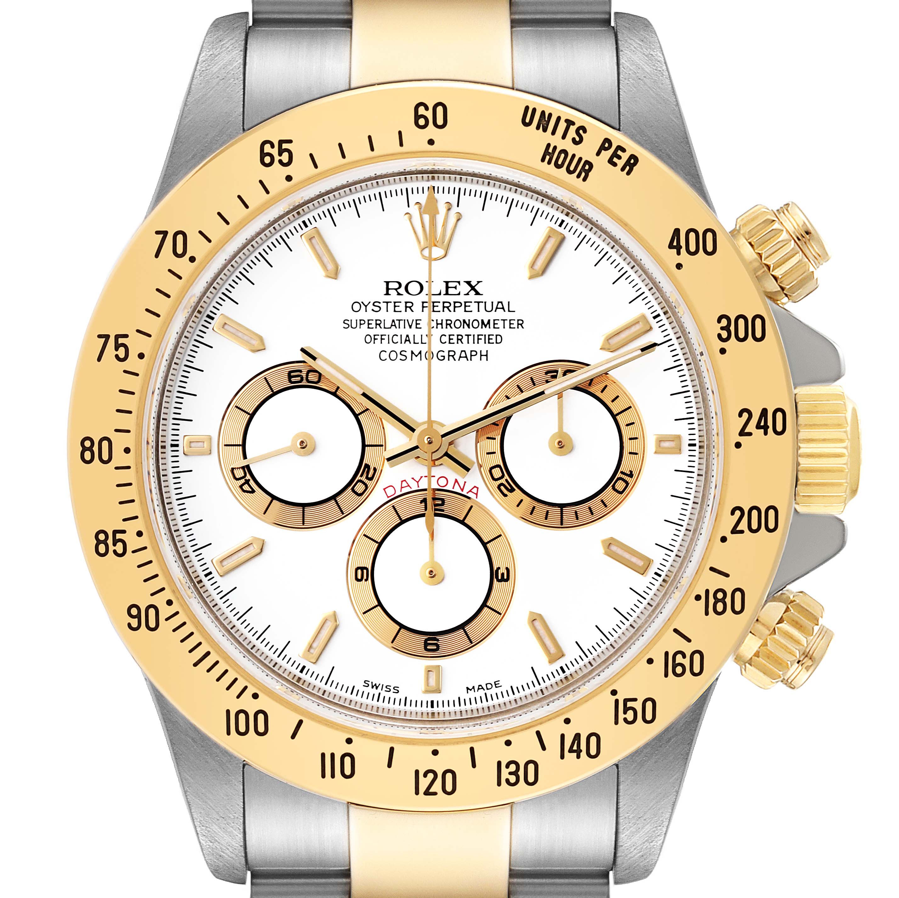 This image shows a frontal view of the Rolex Daytona 16523 Men's Steel and Gold (two tone) White Dial 16523 Men's Steel and Gold (two tone) White Dial watch, highlighting the dial, subdials, and bezel.