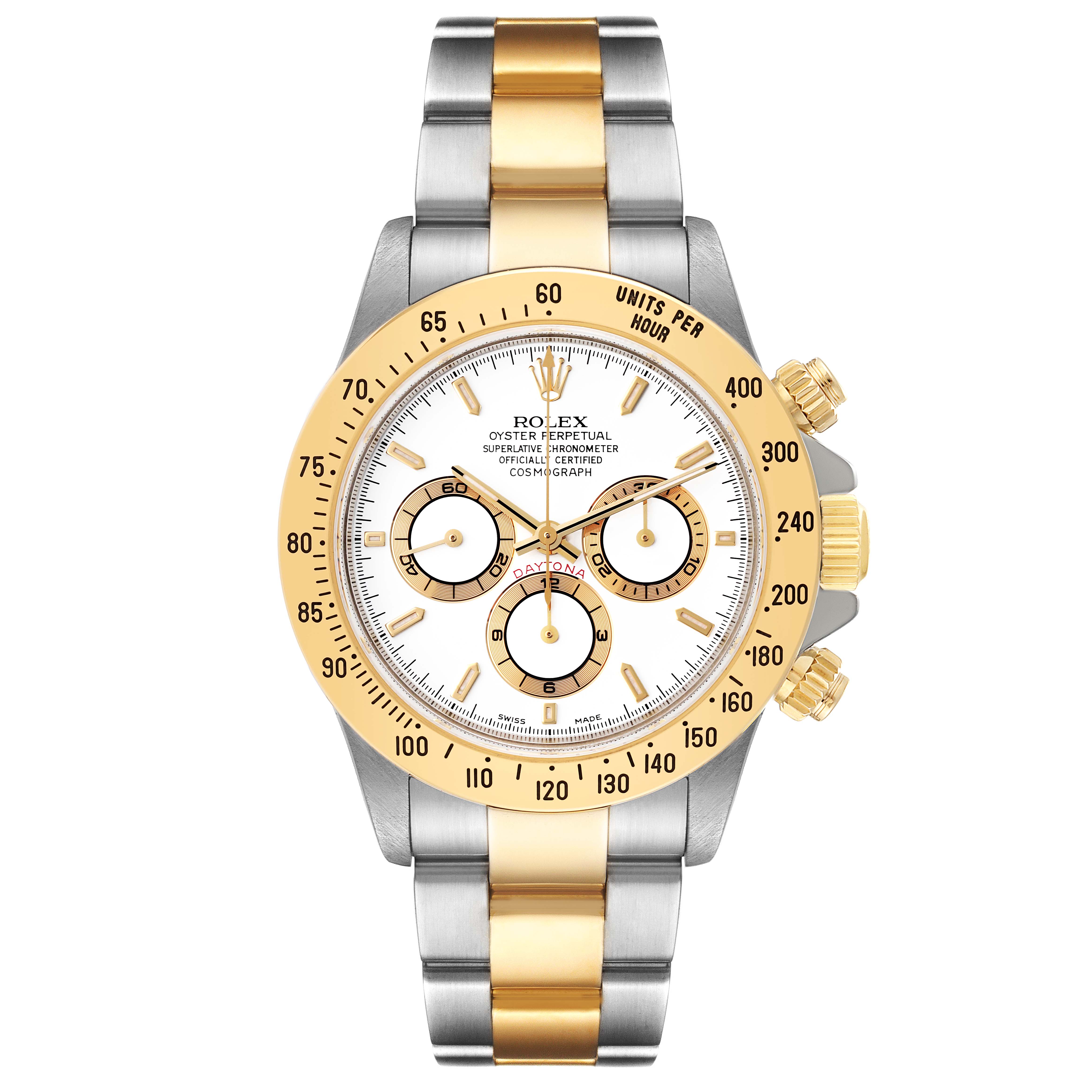 The image shows a front view of a Rolex Daytona 16523 Men's Steel and Gold (two tone) White Dial 16523 Men's Steel and Gold (two tone) White Dial watch, highlighting its gold and silver bracelet, bezel, and chronograph subdials.