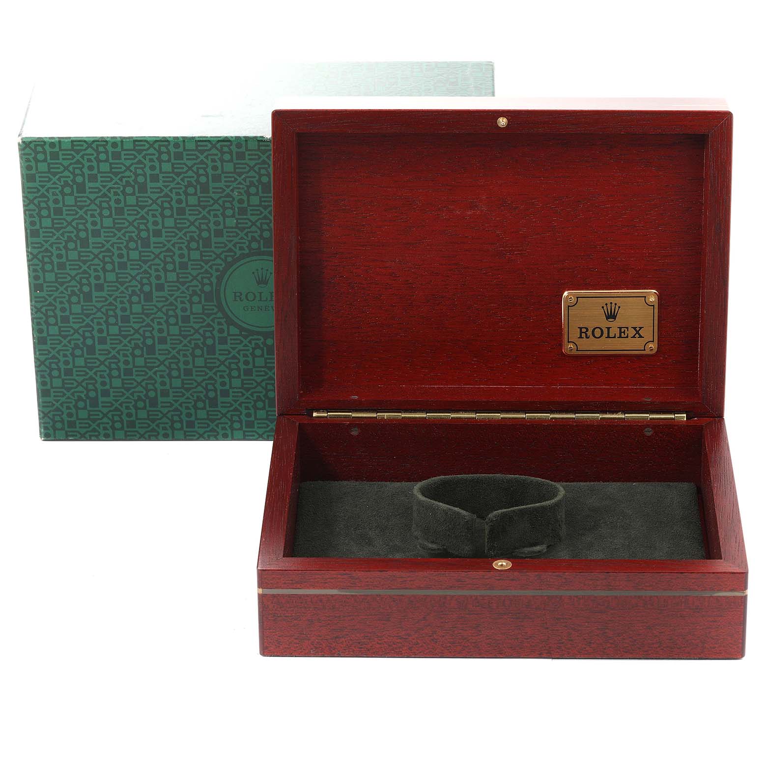 The image shows an open Rolex Daytona 16523 Men's Steel and Gold (two tone) White Dial 16523 Men's Steel and Gold (two tone) White Dial watch box with a green outer box in the background.