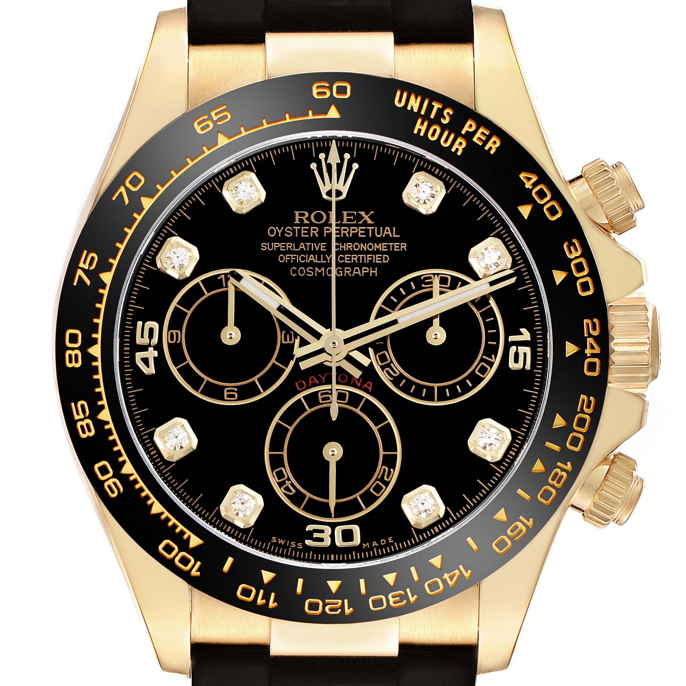 The Rolex Daytona 116518LNG Men's Yellow Gold Black Dial 116518LNG Men's Yellow Gold Black Dial watch is shown from the front, highlighting its black dial, subdials, and gold bezel.