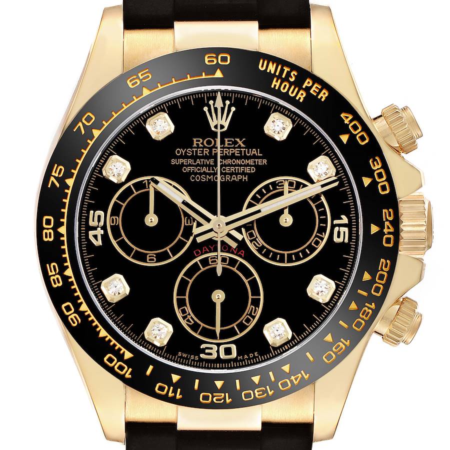 The Rolex Daytona watch is shown from the front, highlighting its black dial, subdials, and gold bezel.