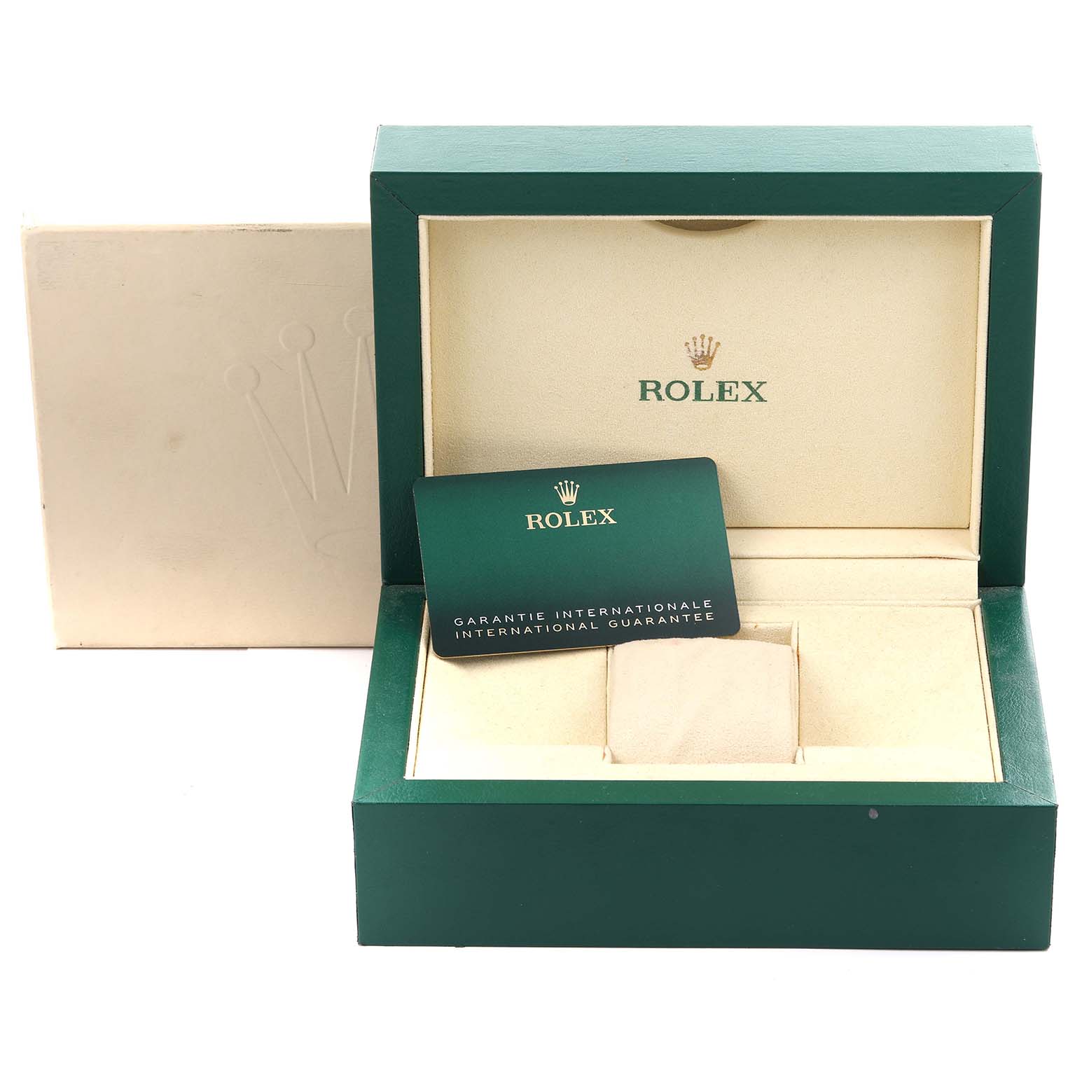 The image shows a Rolex Daytona 116518LNG Men's Yellow Gold Black Dial 116518LNG Men's Yellow Gold Black Dial watch box and an international guarantee card, photographed from the front.