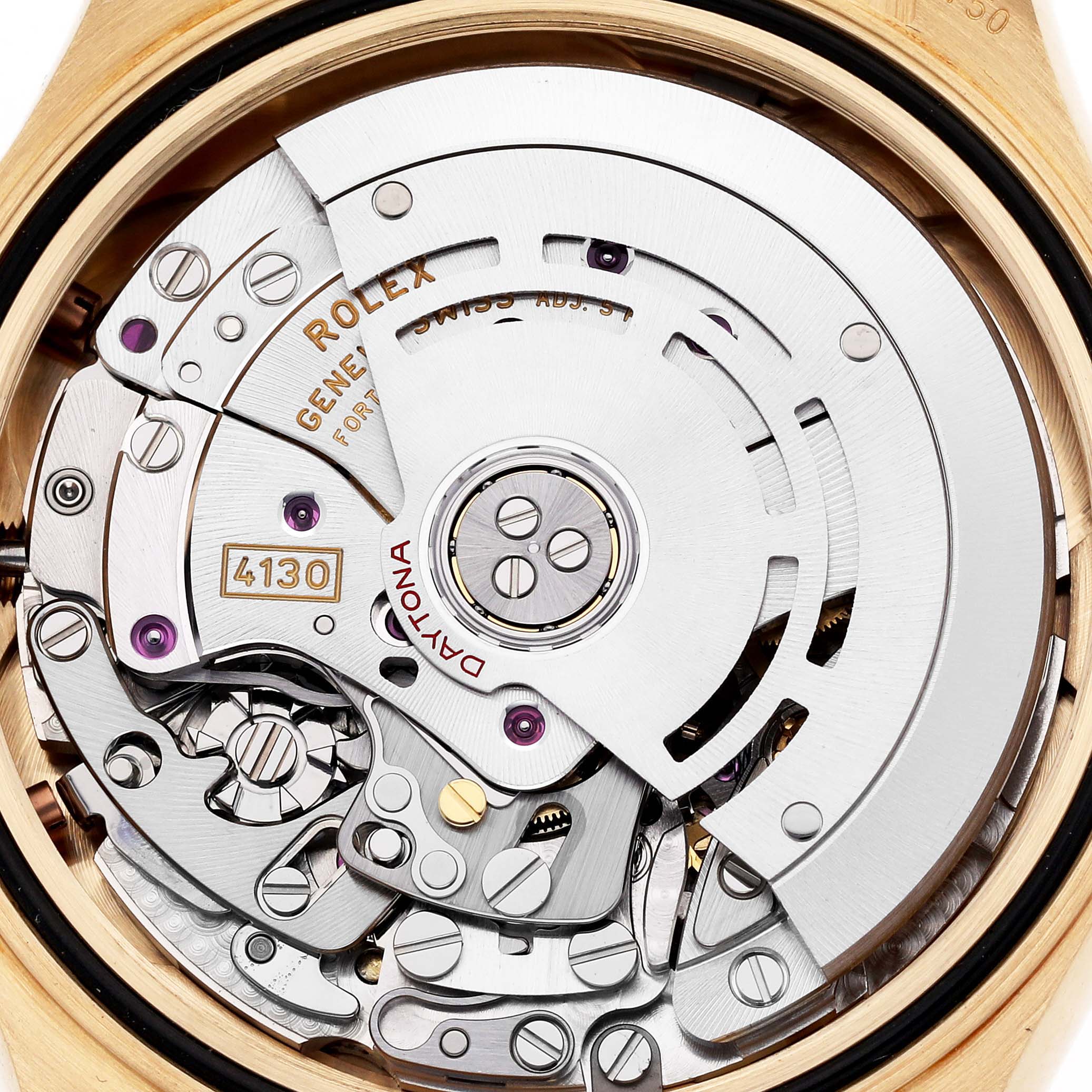 The image shows the internal movement mechanism of a Rolex Daytona 116518LNG Men's Yellow Gold Black Dial 116518LNG Men's Yellow Gold Black Dial watch from a top-down angle.