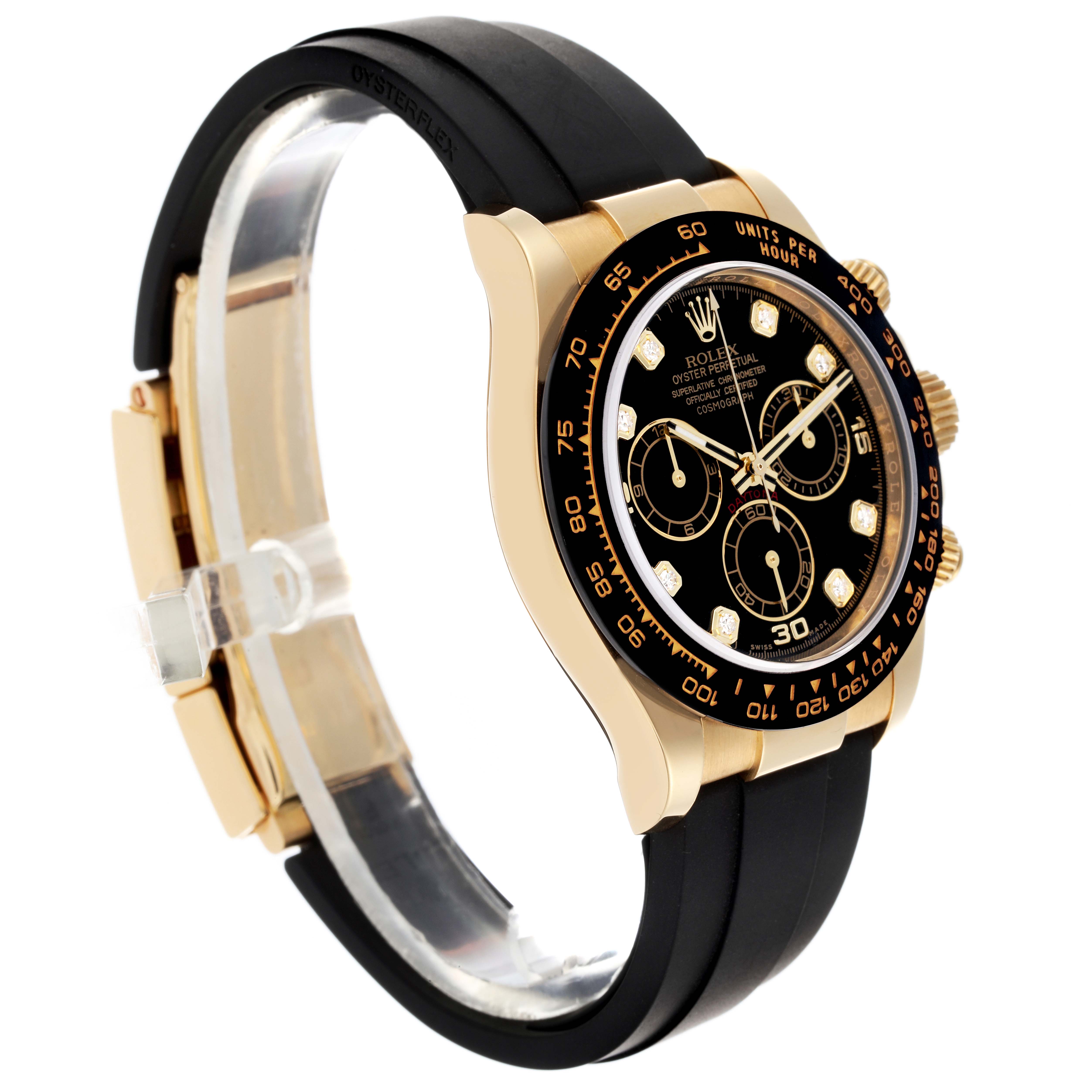 The Rolex Daytona 116518LNG Men's Yellow Gold Black Dial 116518LNG Men's Yellow Gold Black Dial watch is shown at a side angle, highlighting the black dial, gold case, and black strap.
