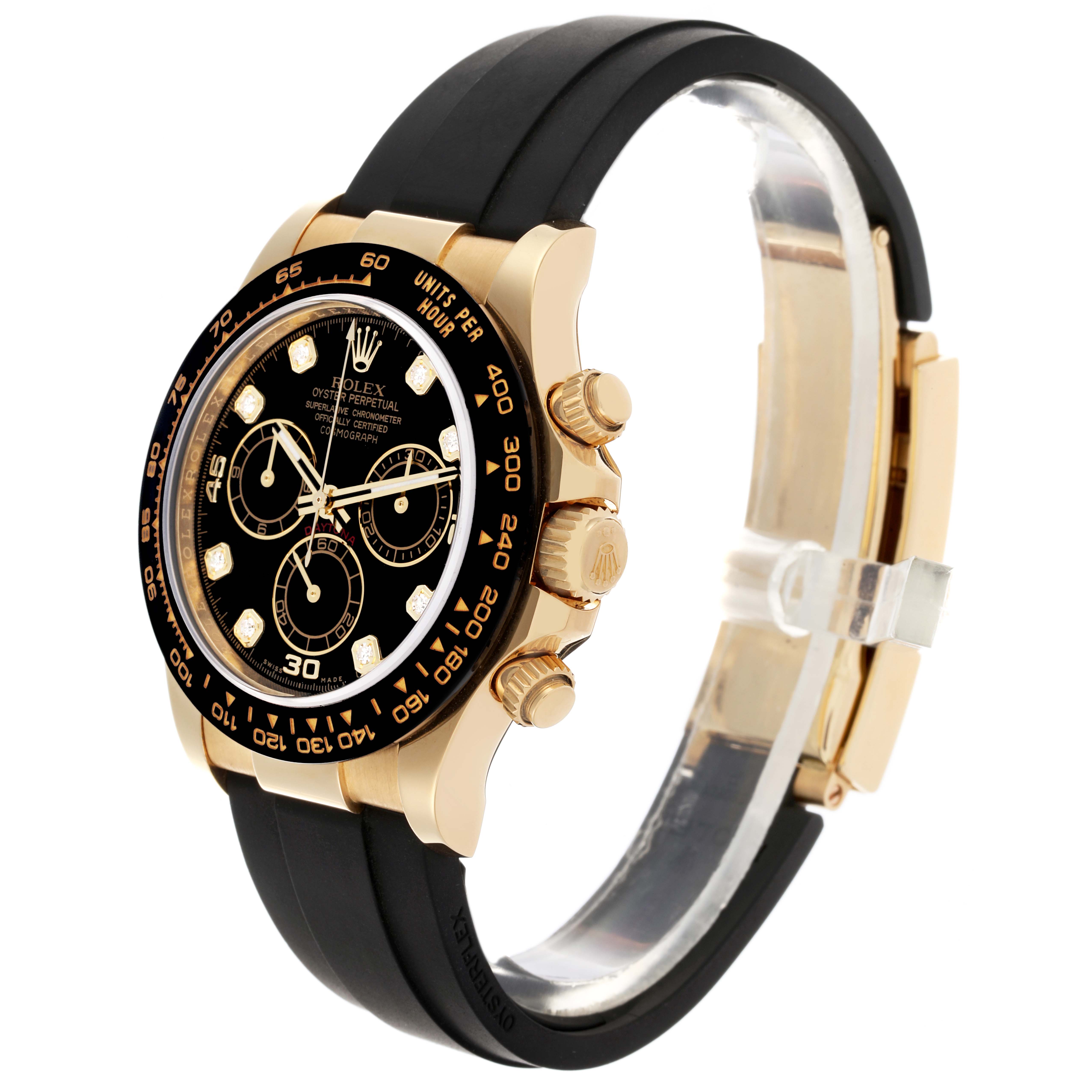 The Rolex Daytona 116518LNG Men's Yellow Gold Black Dial 116518LNG Men's Yellow Gold Black Dial watch is shown from a side angle, displaying the bezel, crown, chronograph pushers, and band.