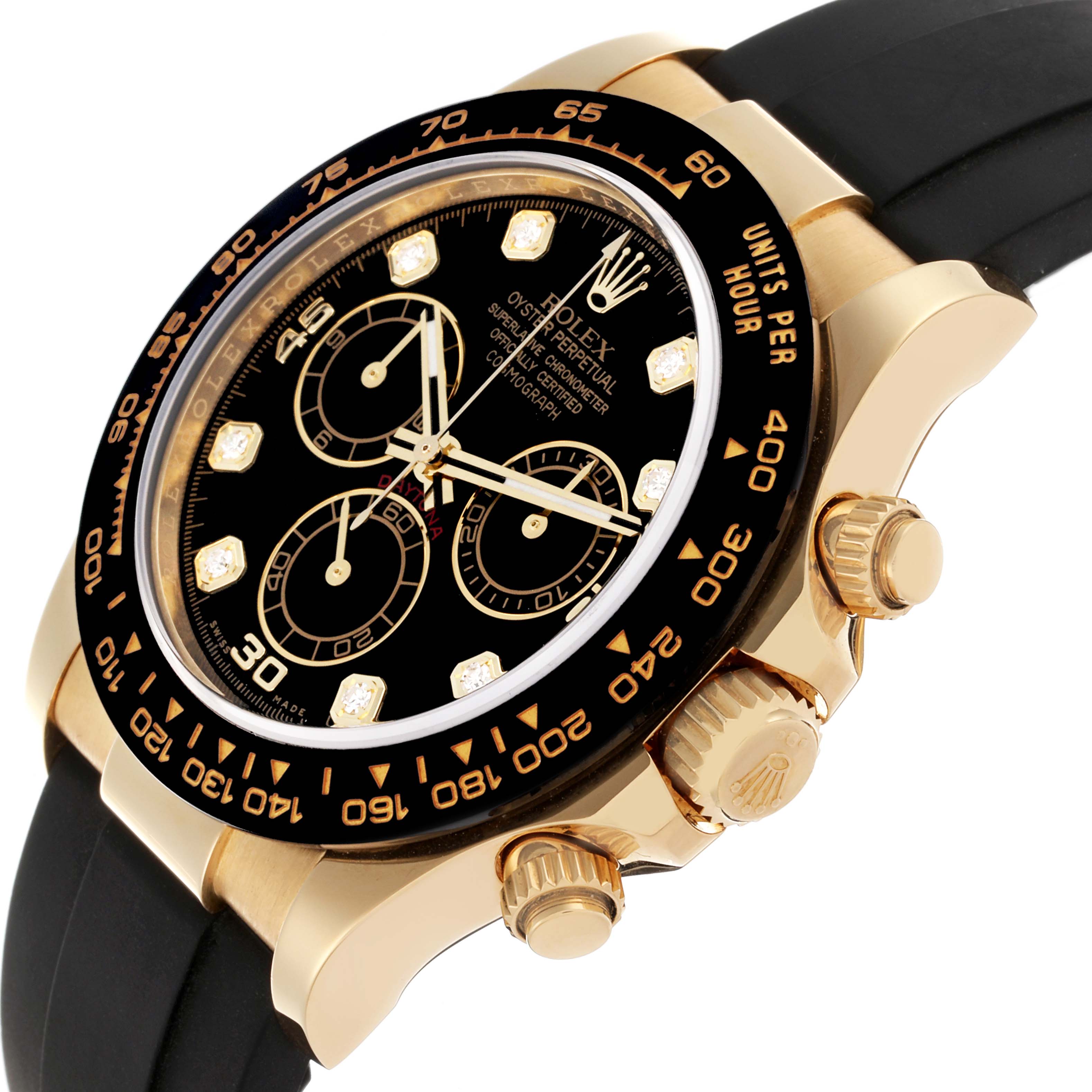 The Rolex Daytona 116518LNG Men's Yellow Gold Black Dial 116518LNG Men's Yellow Gold Black Dial watch is shown from a side angle, highlighting the bezel, crown, and pushers.