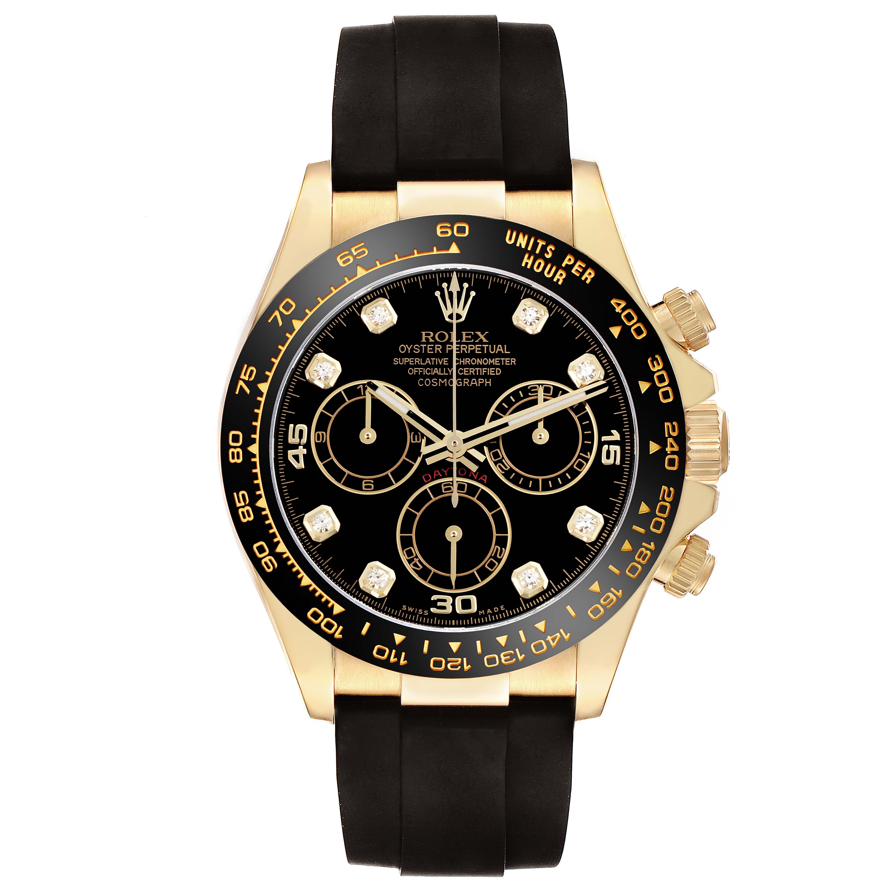 The Rolex Daytona 116518LNG Men's Yellow Gold Black Dial 116518LNG Men's Yellow Gold Black Dial watch is shown from a front angle, highlighting the black dial, gold case, and black strap.