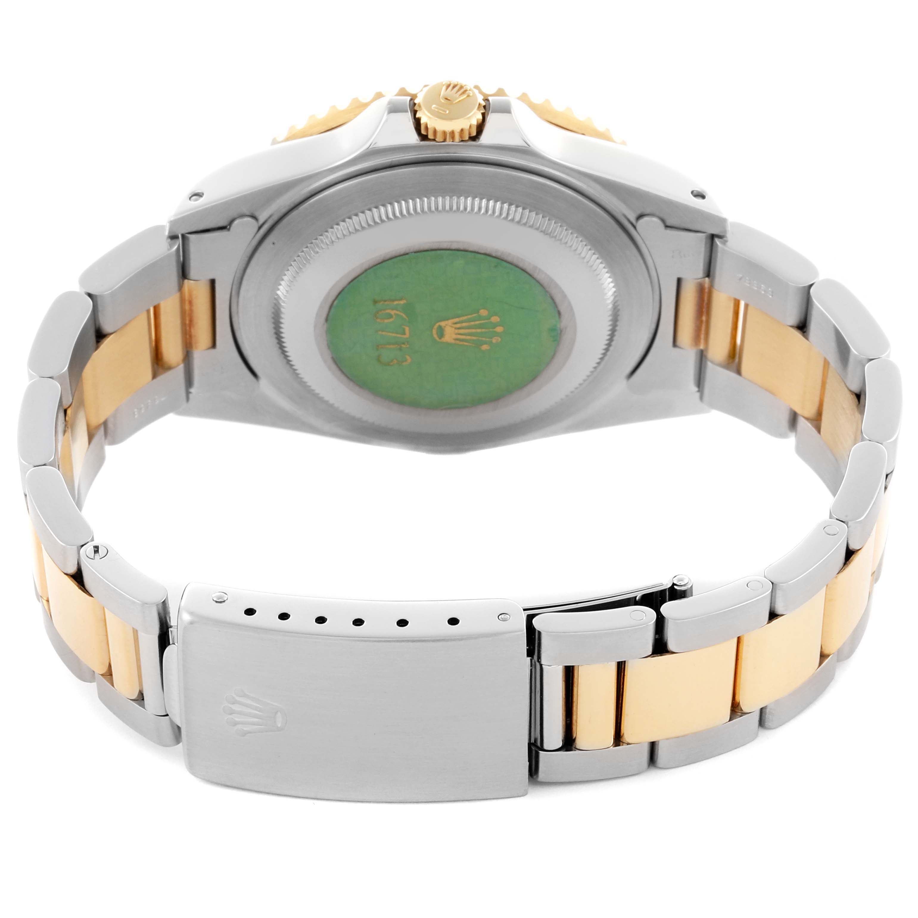 The image shows the back view of the Rolex GMT-Master 16713 Men's Steel and Gold (two tone) Brown Dial 16713 Men's Steel and Gold (two tone) Brown Dial, featuring the case back, crown, and bracelet with a clasp.