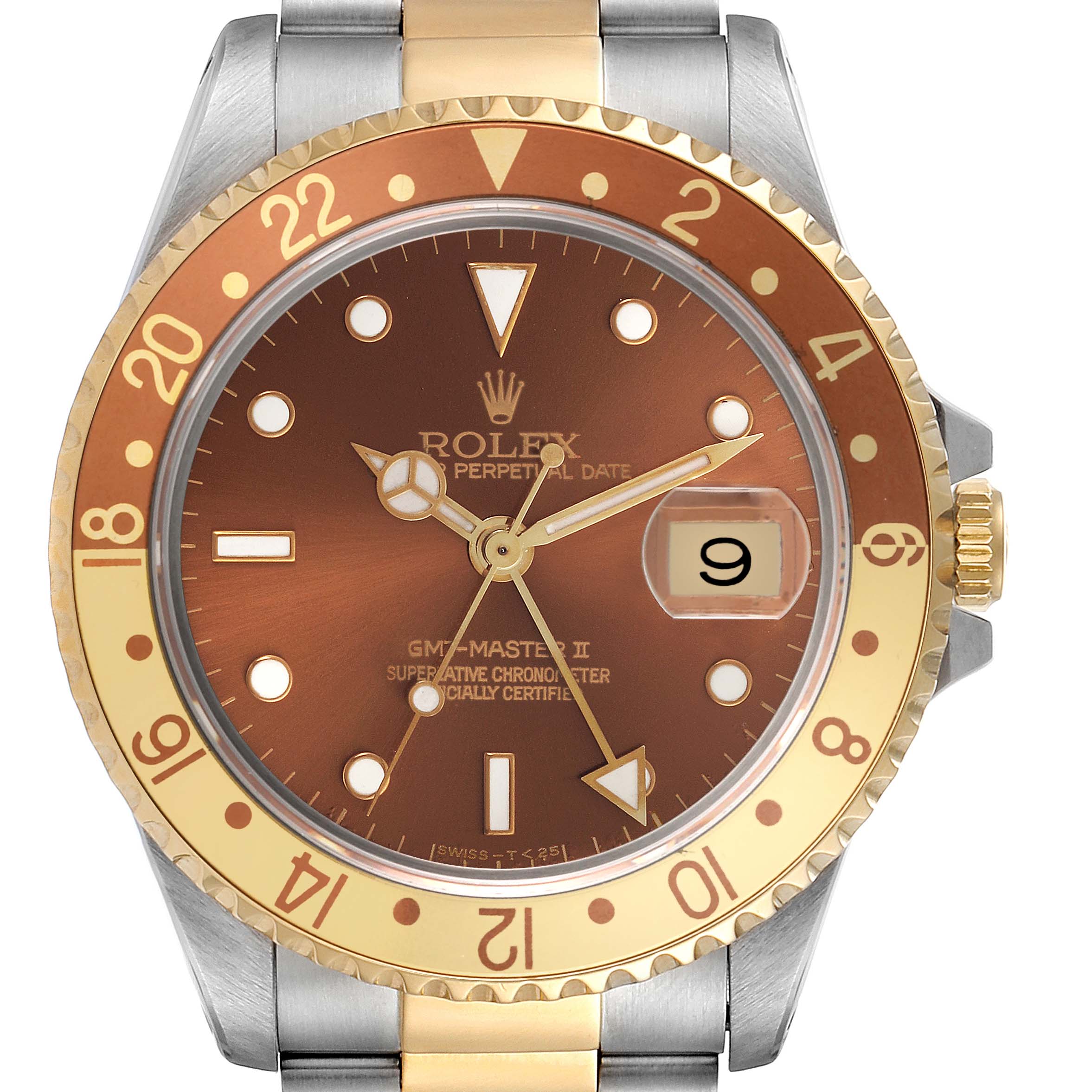 The Rolex GMT-Master 16713 Men's Steel and Gold (two tone) Brown Dial 16713 Men's Steel and Gold (two tone) Brown Dial II watch is shown from a front angle, displaying its bezel, dial, hands, and date window.
