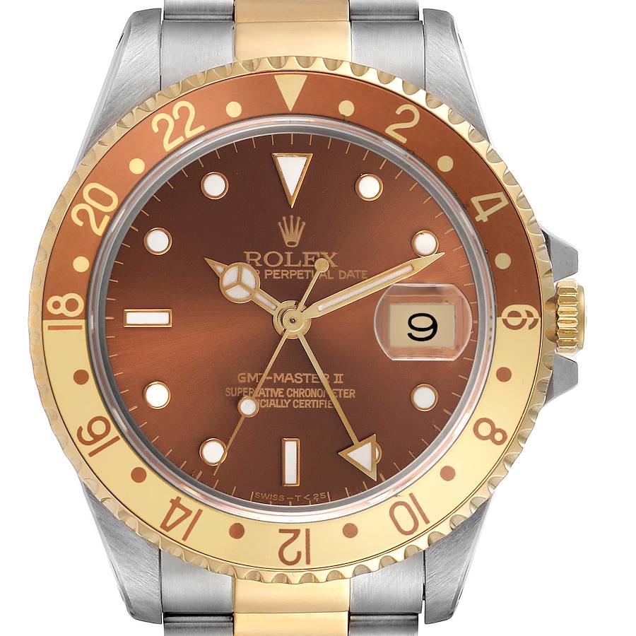 The Rolex GMT-Master II watch is shown from a front angle, displaying its bezel, dial, hands, and date window.