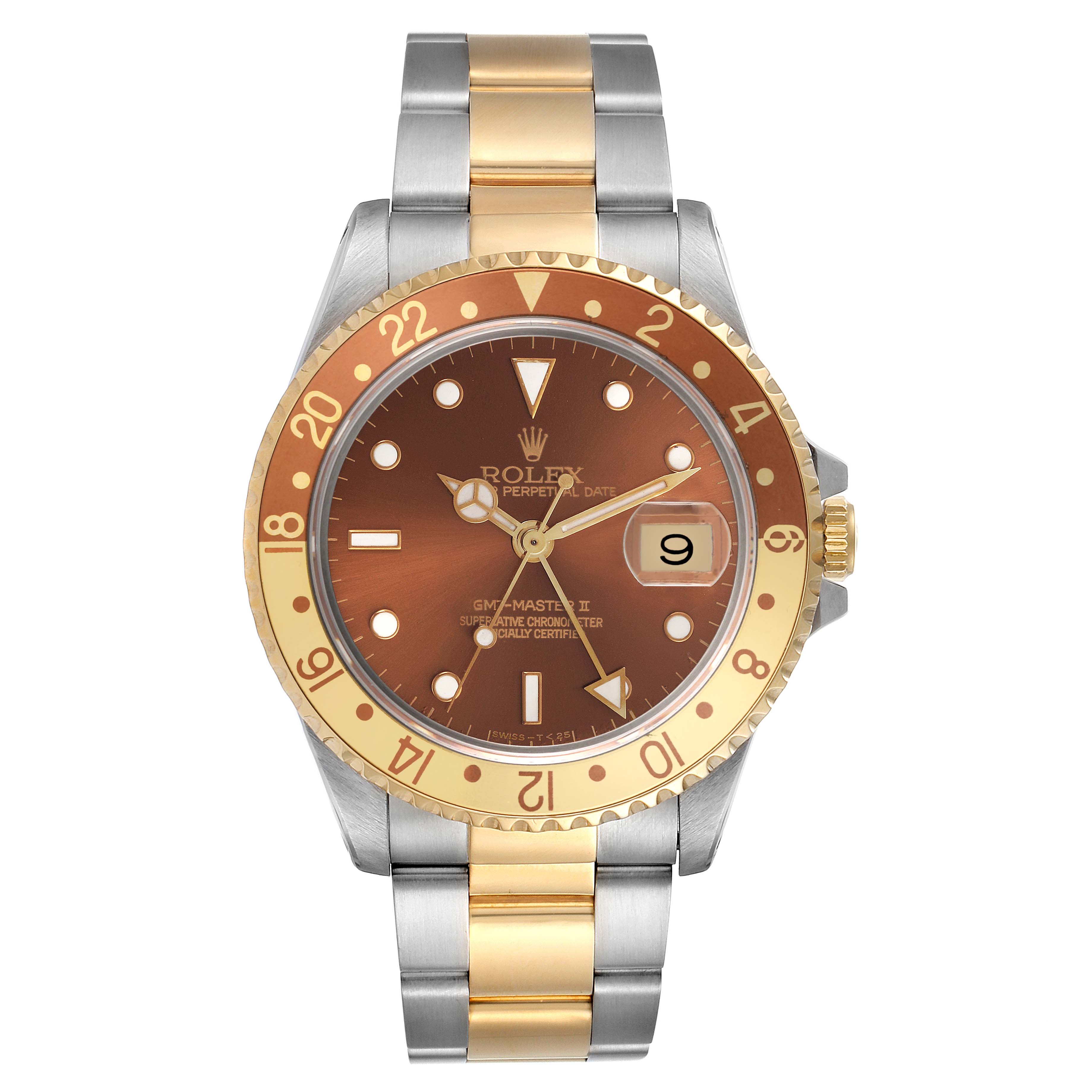 The Rolex GMT-Master 16713 Men's Steel and Gold (two tone) Brown Dial 16713 Men's Steel and Gold (two tone) Brown Dial watch is shown from the front, highlighting the face, bezel, and part of the bracelet.