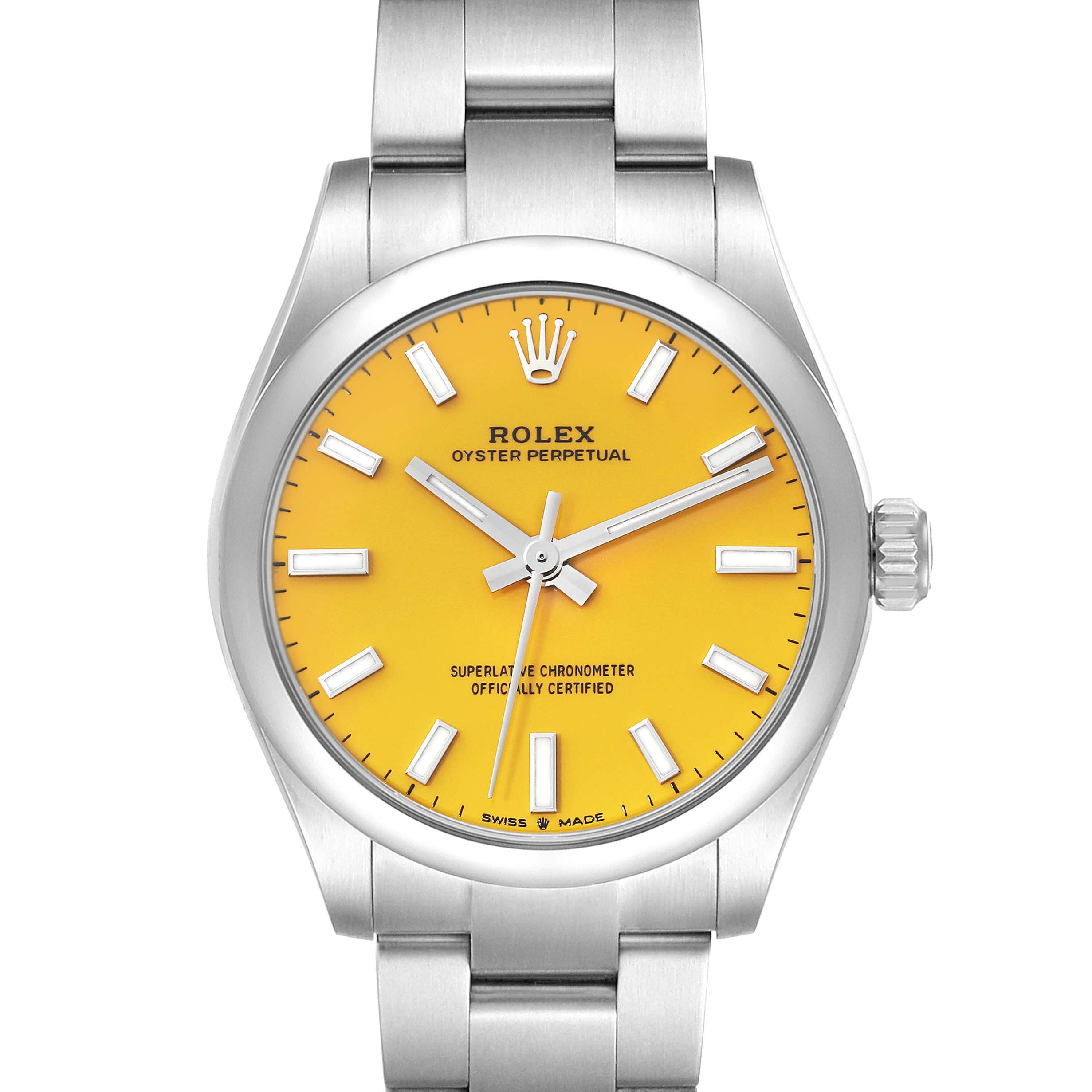The image shows a front view of a mid-size Rolex Oyster Perpetual watch with a yellow dial and stainless steel bracelet.