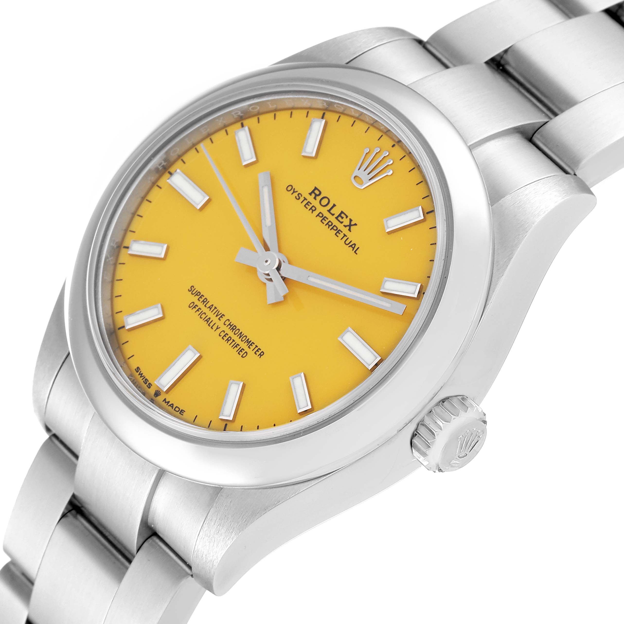 The image shows a close-up side angle of a Rolex Oyster Perpetual Mid-Size watch with a yellow dial and a metal bracelet.