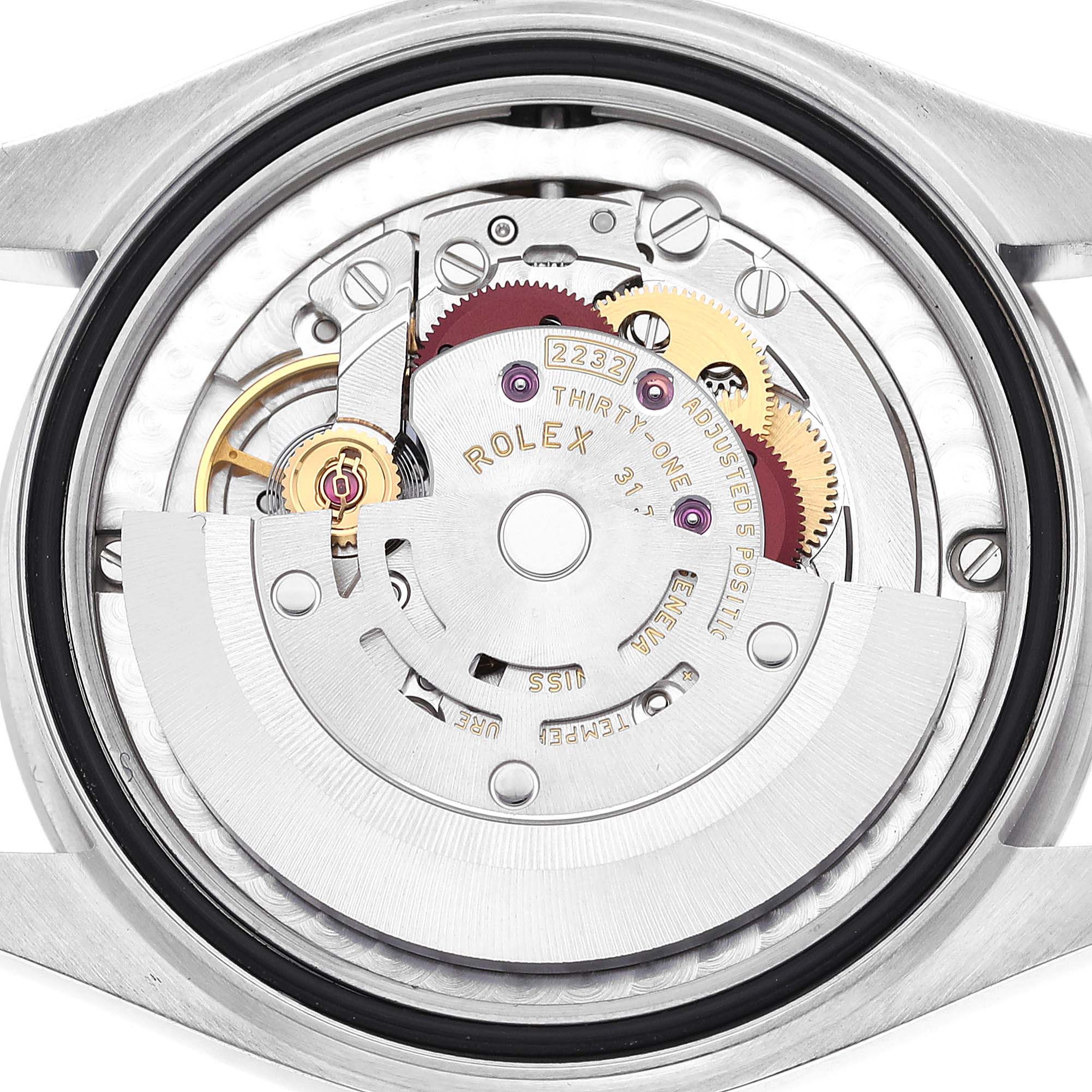 The image shows the inner mechanics of a Rolex Mid-Size 277200 Women's Stainless Steel Yellow Dial 277200 Women's Stainless Steel Yellow Dial model watch from a back angle, highlighting its movement components.