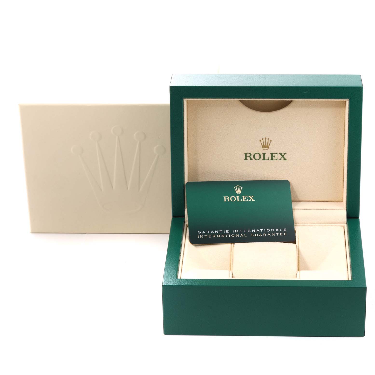 This image shows the packaging and international guarantee card for a Rolex Mid-Size 277200 Women's Stainless Steel Yellow Dial 277200 Women's Stainless Steel Yellow Dial model watch.