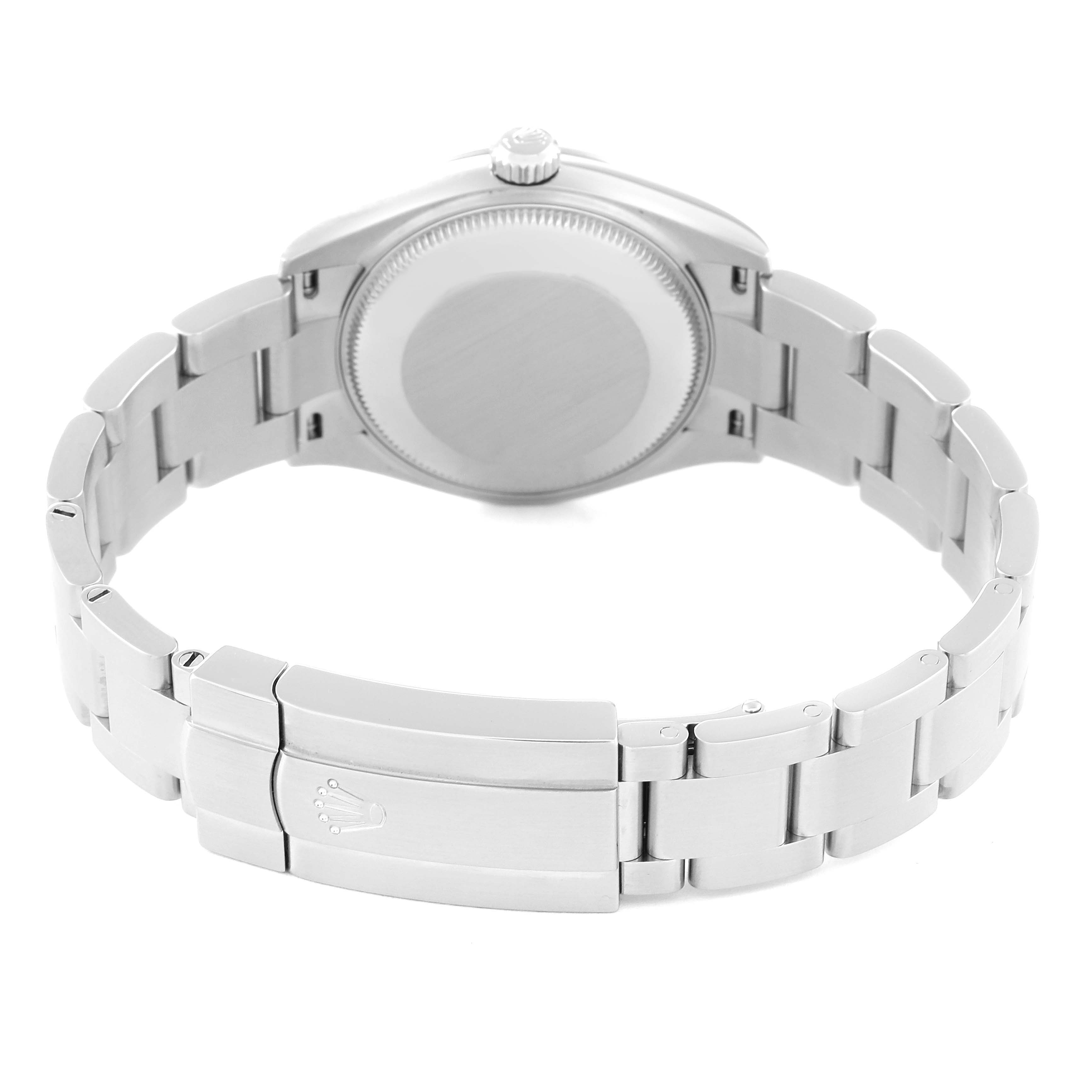 The image shows the back case, bracelet, and clasp of a Rolex Mid-Size 277200 Women's Stainless Steel Yellow Dial 277200 Women's Stainless Steel Yellow Dial watch from a rear angle.