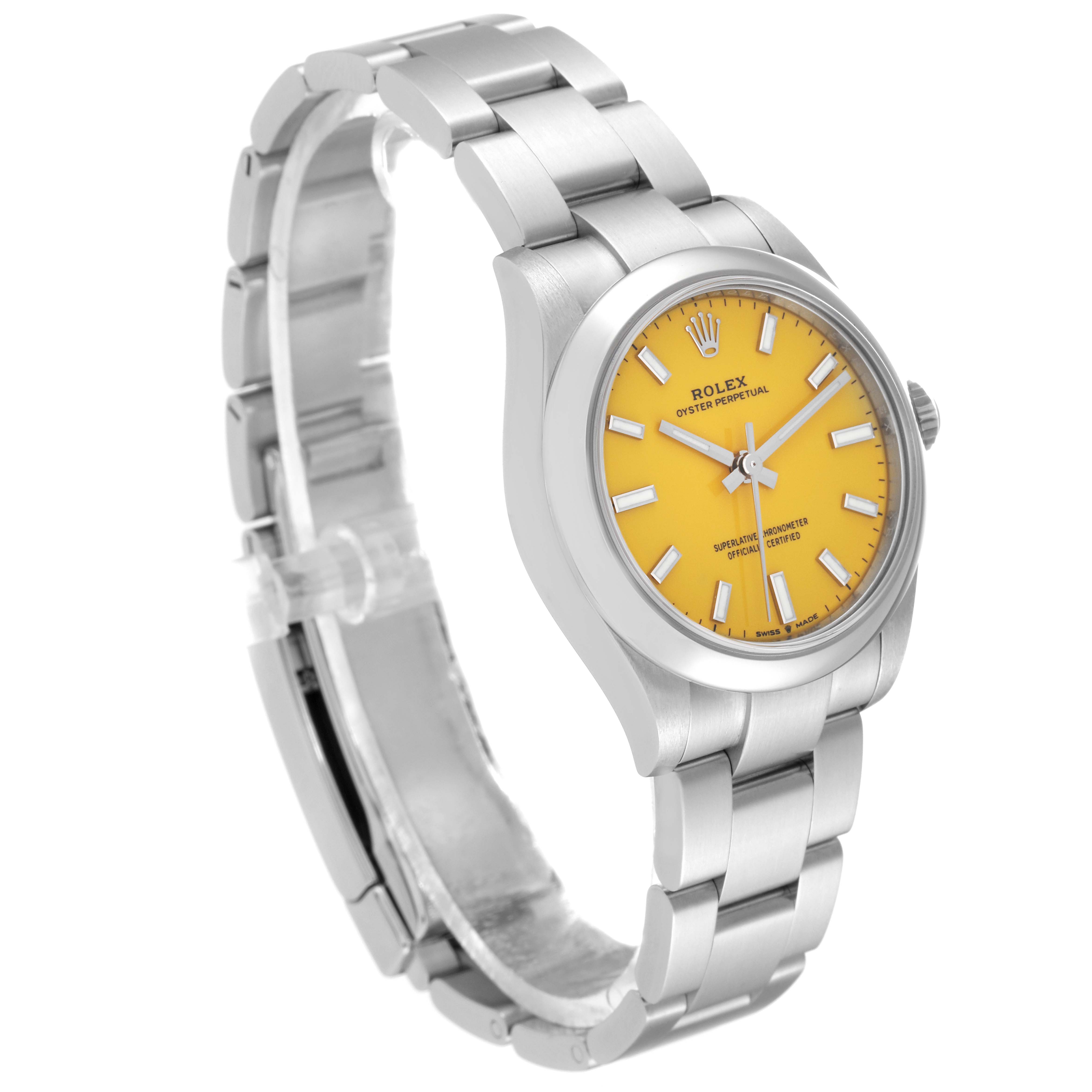 This image shows a Mid-Size Rolex watch, angled from the front-left, displaying the bracelet and yellow dial.