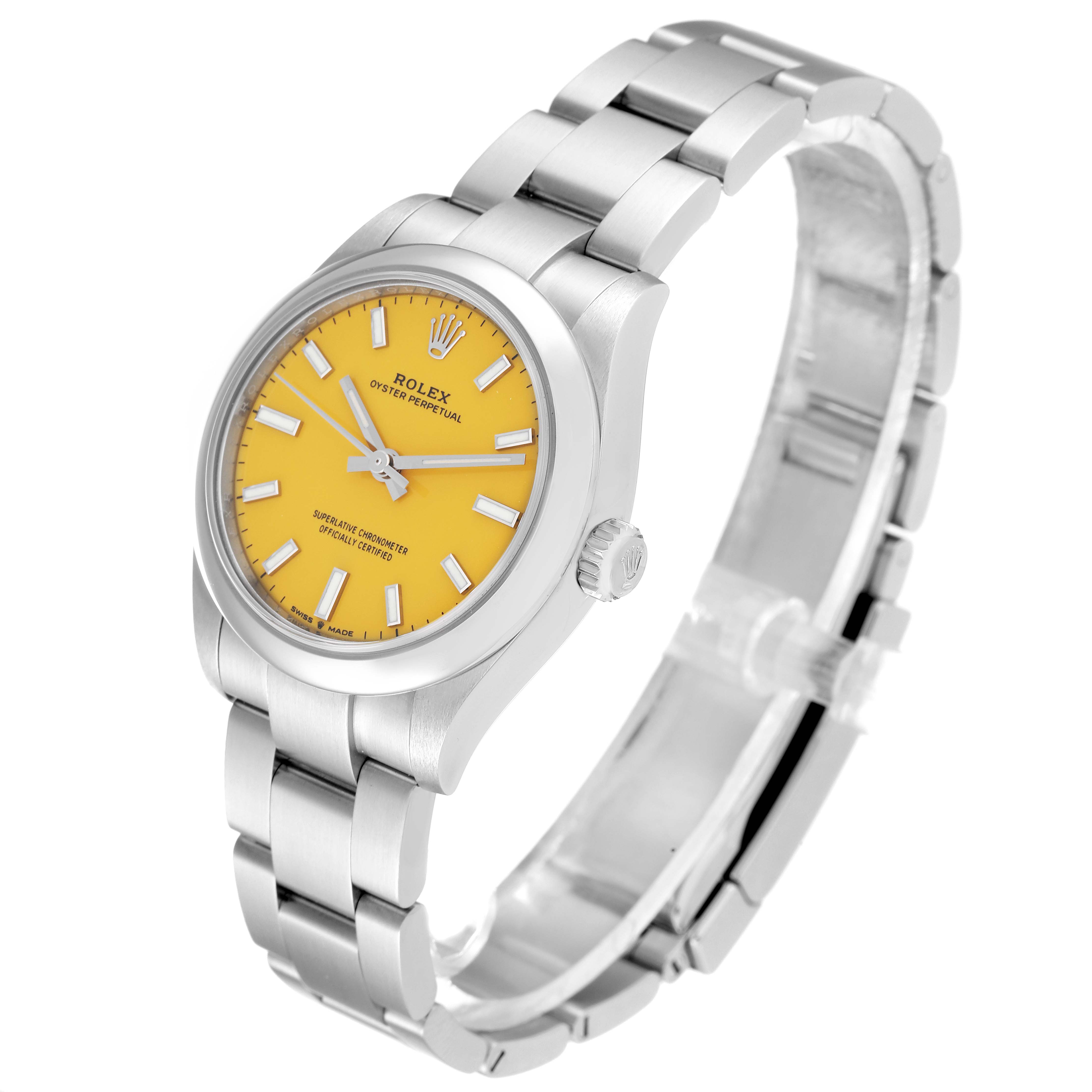 This image shows a Rolex Mid-Size 277200 Women's Stainless Steel Yellow Dial 277200 Women's Stainless Steel Yellow Dial Oyster Perpetual watch at an angled view, highlighting its yellow dial, case, and bracelet.