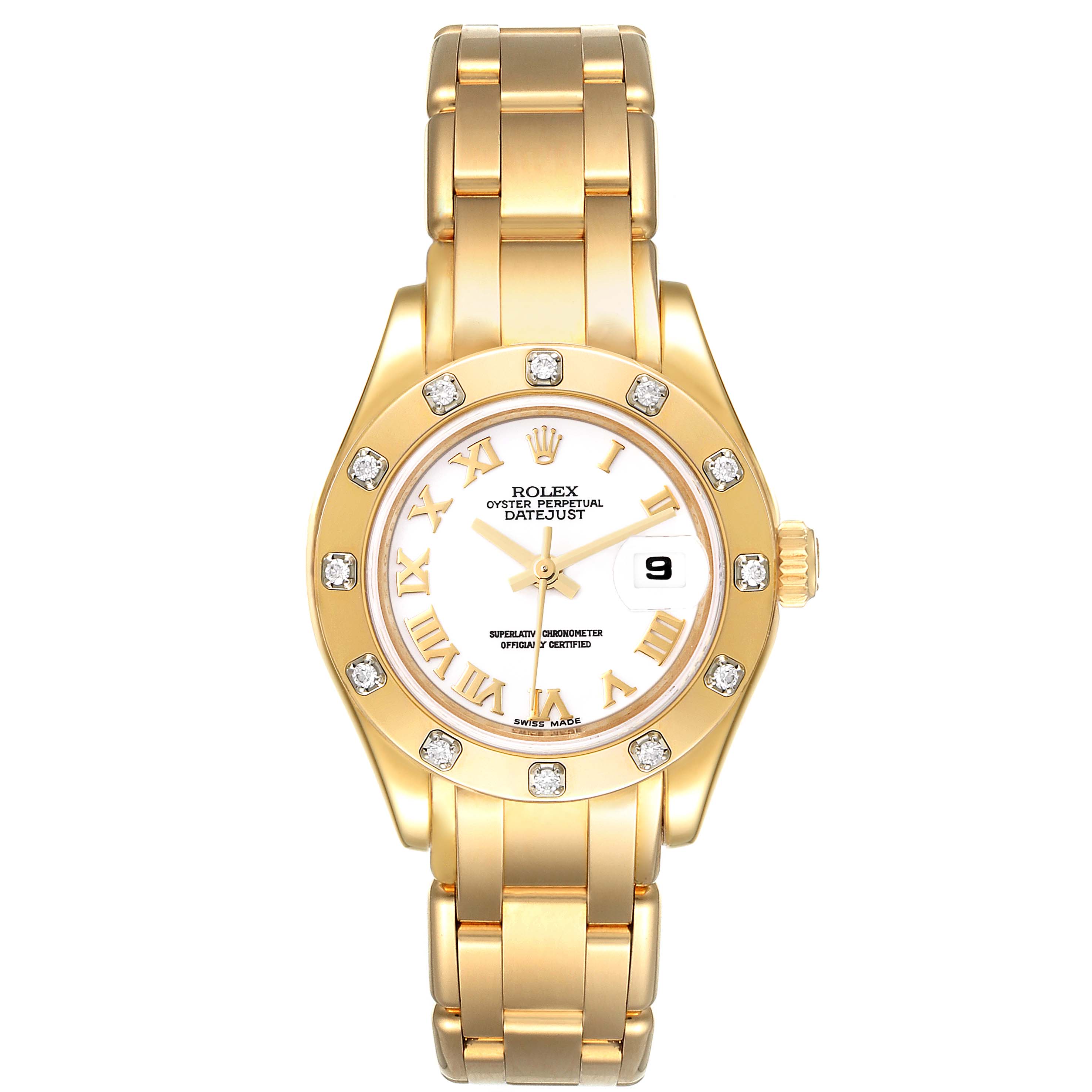 The image shows a front view of a Rolex Pearlmaster 80318 Women
s Yellow Gold White Dial 80318 Women
s Yellow Gold White Dial watch, highlighting its dial, bezel, and bracelet.