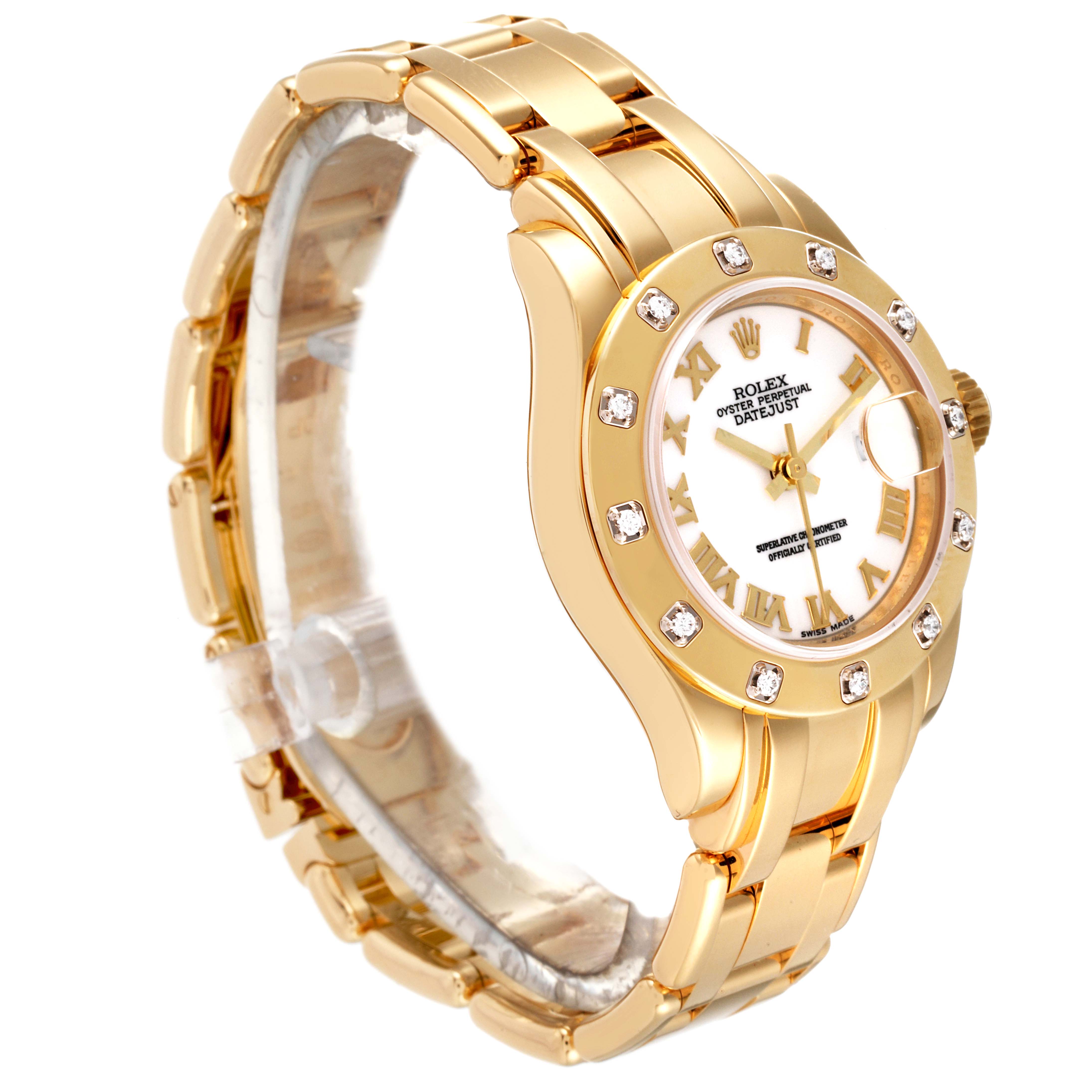 The Rolex Pearlmaster 80318 Women
s Yellow Gold White Dial 80318 Women
s Yellow Gold White Dial watch is shown at a three-quarter angle, highlighting the gold band, diamond-studded bezel, and face.