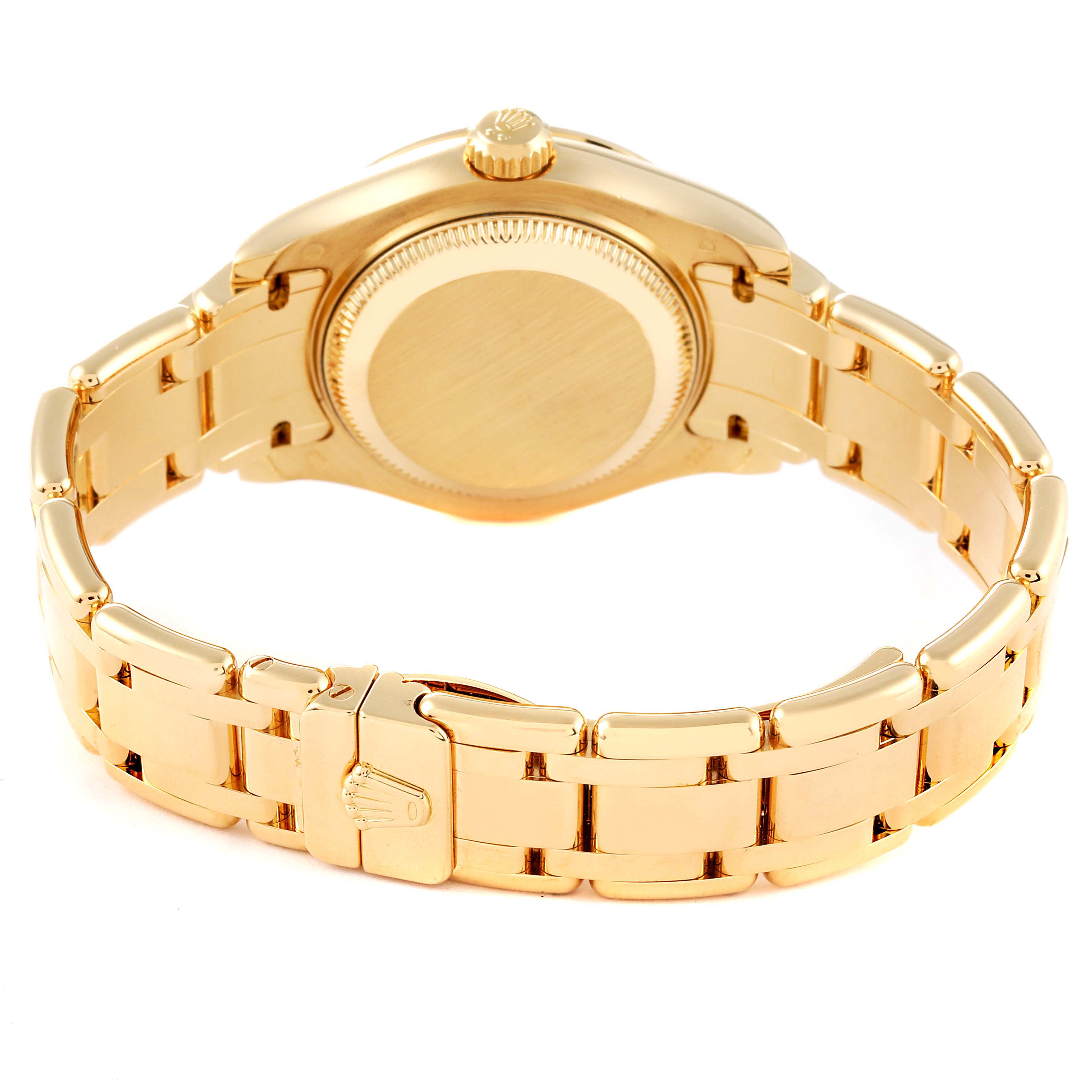 The image shows the back view of a gold Rolex Pearlmaster 80318 Women
s Yellow Gold White Dial 80318 Women
s Yellow Gold White Dial watch, highlighting its bracelet, clasp, crown, and case back.