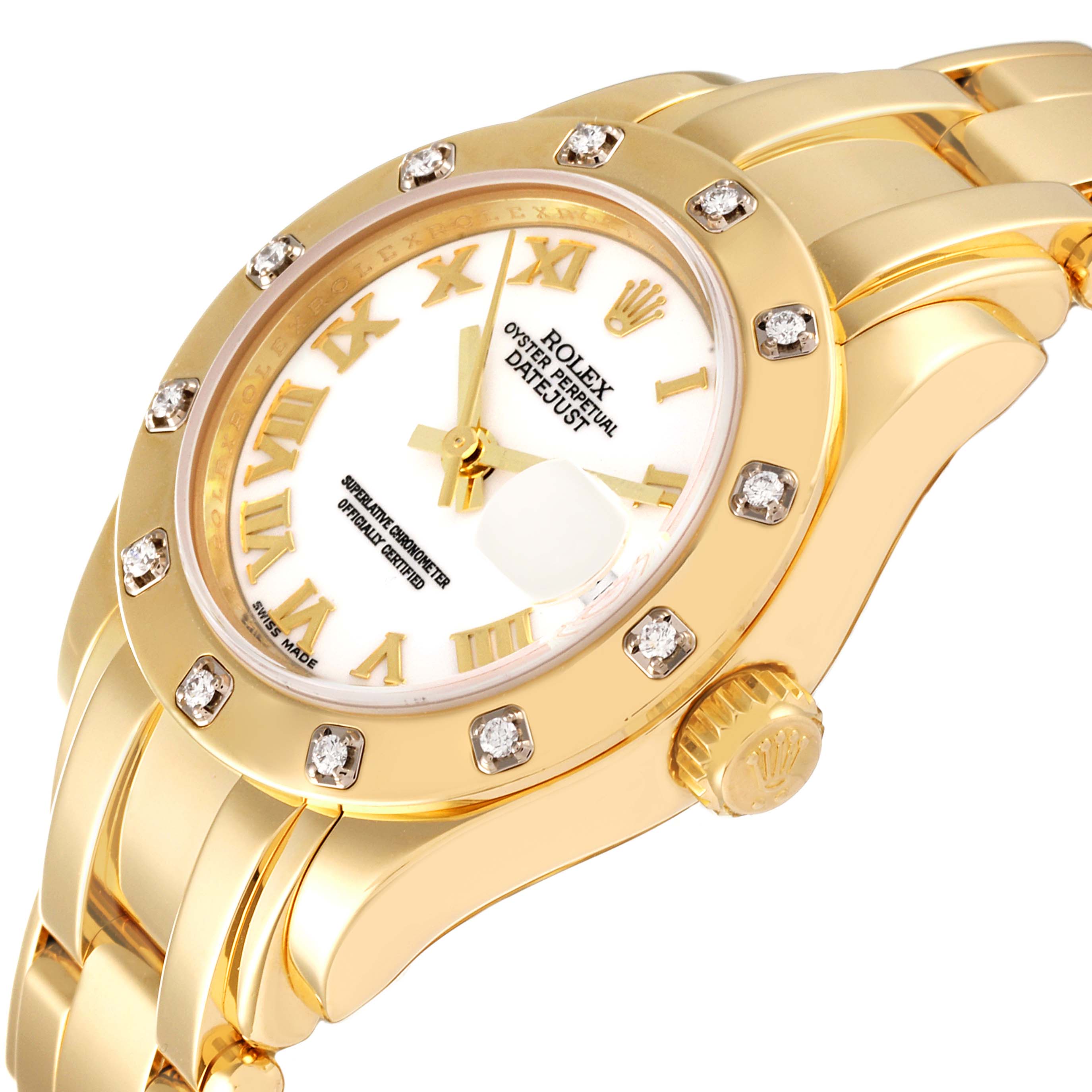 The Rolex Pearlmaster 80318 Women
s Yellow Gold White Dial 80318 Women
s Yellow Gold White Dial watch is shown at an angle highlighting its face, bezel, crown, and part of the bracelet.