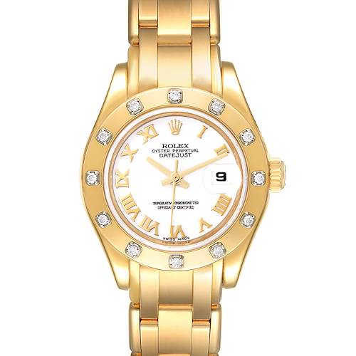 Photo of Rolex Pearlmaster 18k Yellow Gold White Roman Dial Diamond Ladies Watch 80318