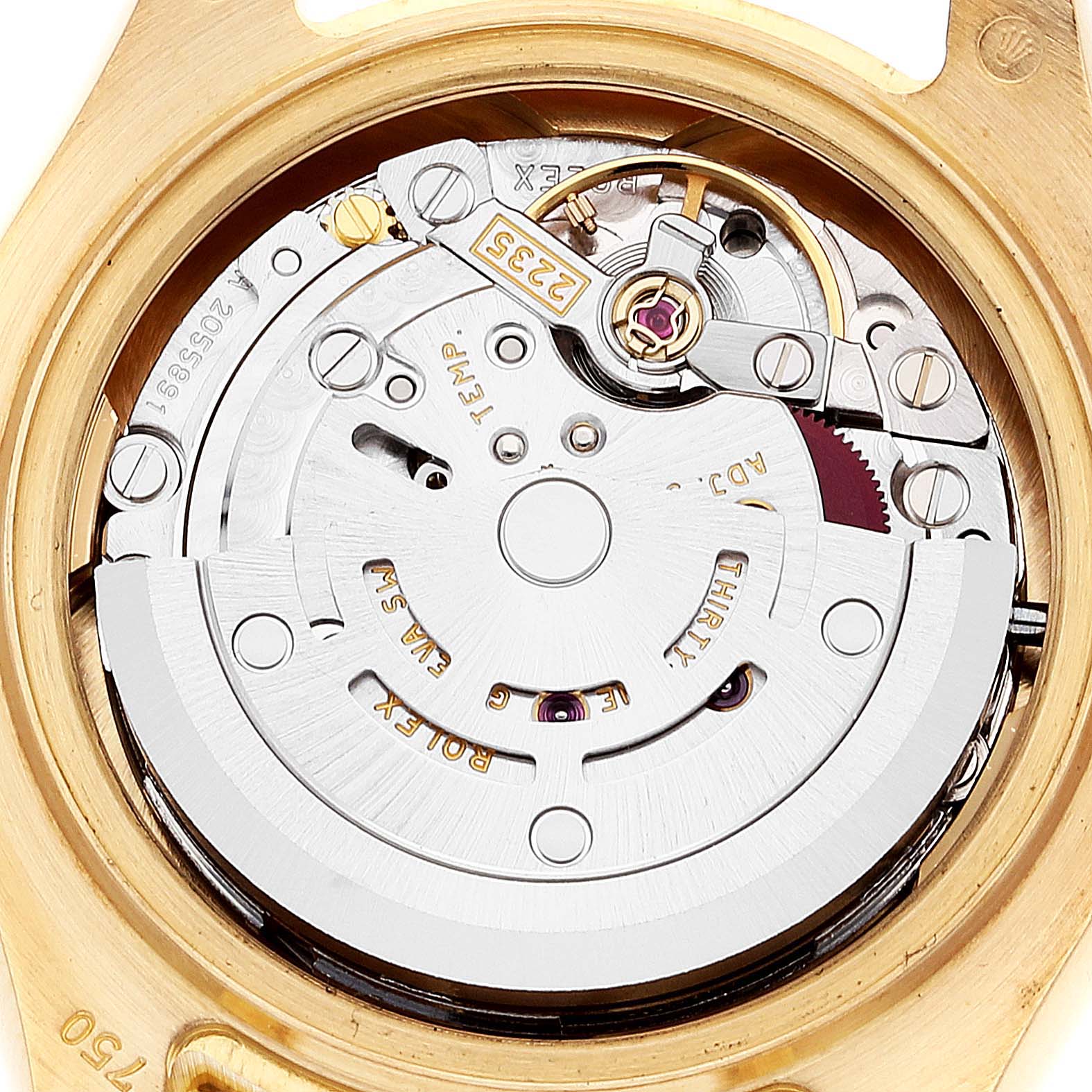 This image shows the internal movement mechanism of a Rolex Pearlmaster 80318 Women
s Yellow Gold White Dial 80318 Women
s Yellow Gold White Dial watch from a back angle.