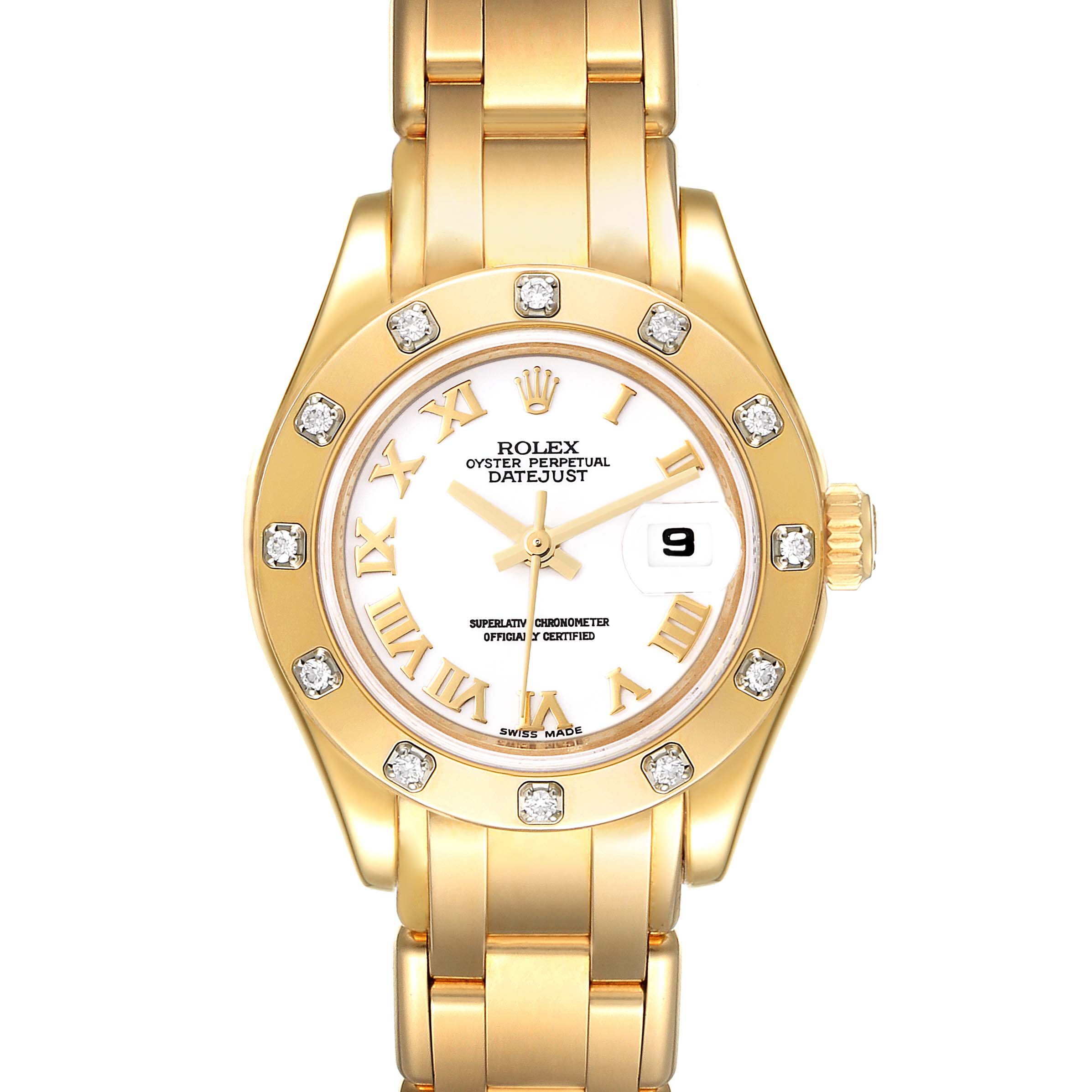 This is a front view of the Rolex Pearlmaster 80318 Women
s Yellow Gold White Dial 80318 Women
s Yellow Gold White Dial watch showing the dial, bezel with diamonds, bracelet, crown, and date display.