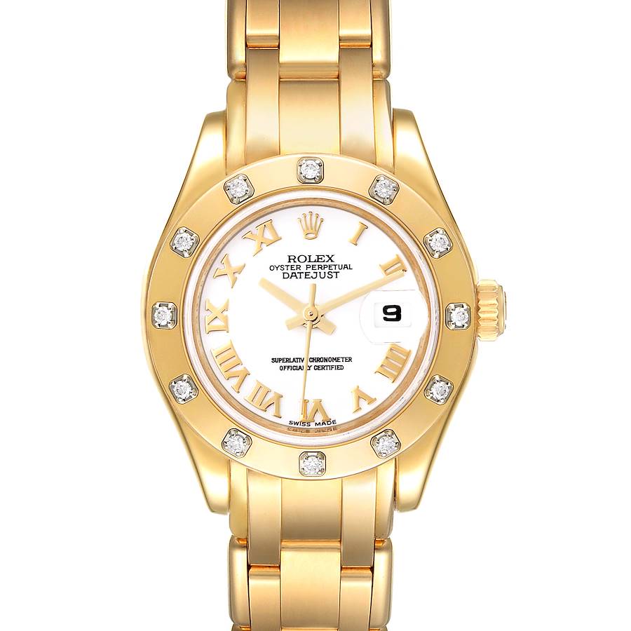 Rolex Pearlmaster 18k Yellow Gold White Roman Dial Diamond Ladies Watch 80318 SwissWatchExpo