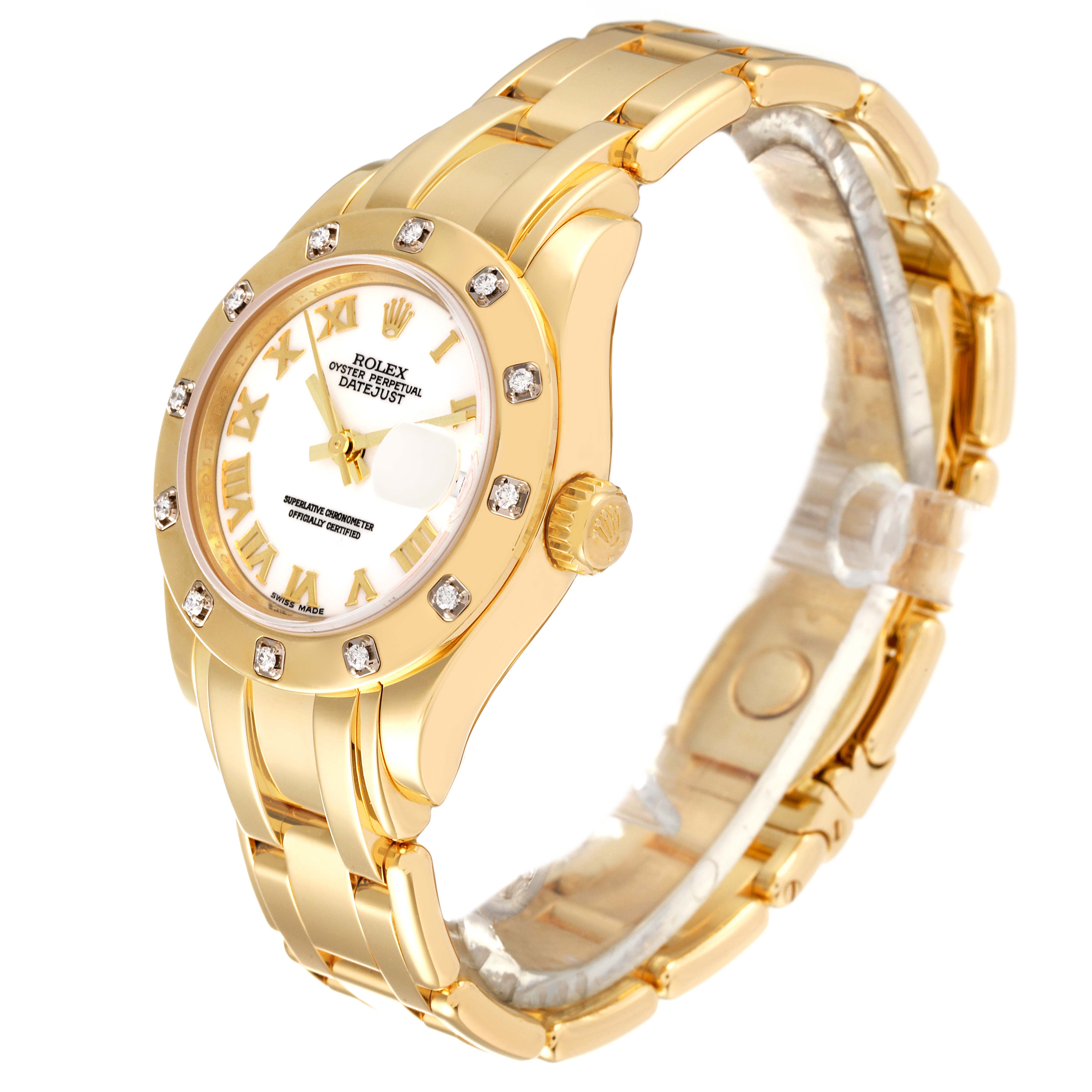 The Rolex Pearlmaster 80318 Women
s Yellow Gold White Dial 80318 Women
s Yellow Gold White Dial watch is shown at a three-quarter angle, displaying the dial, bezel with diamond hour markers, crown, and bracelet.