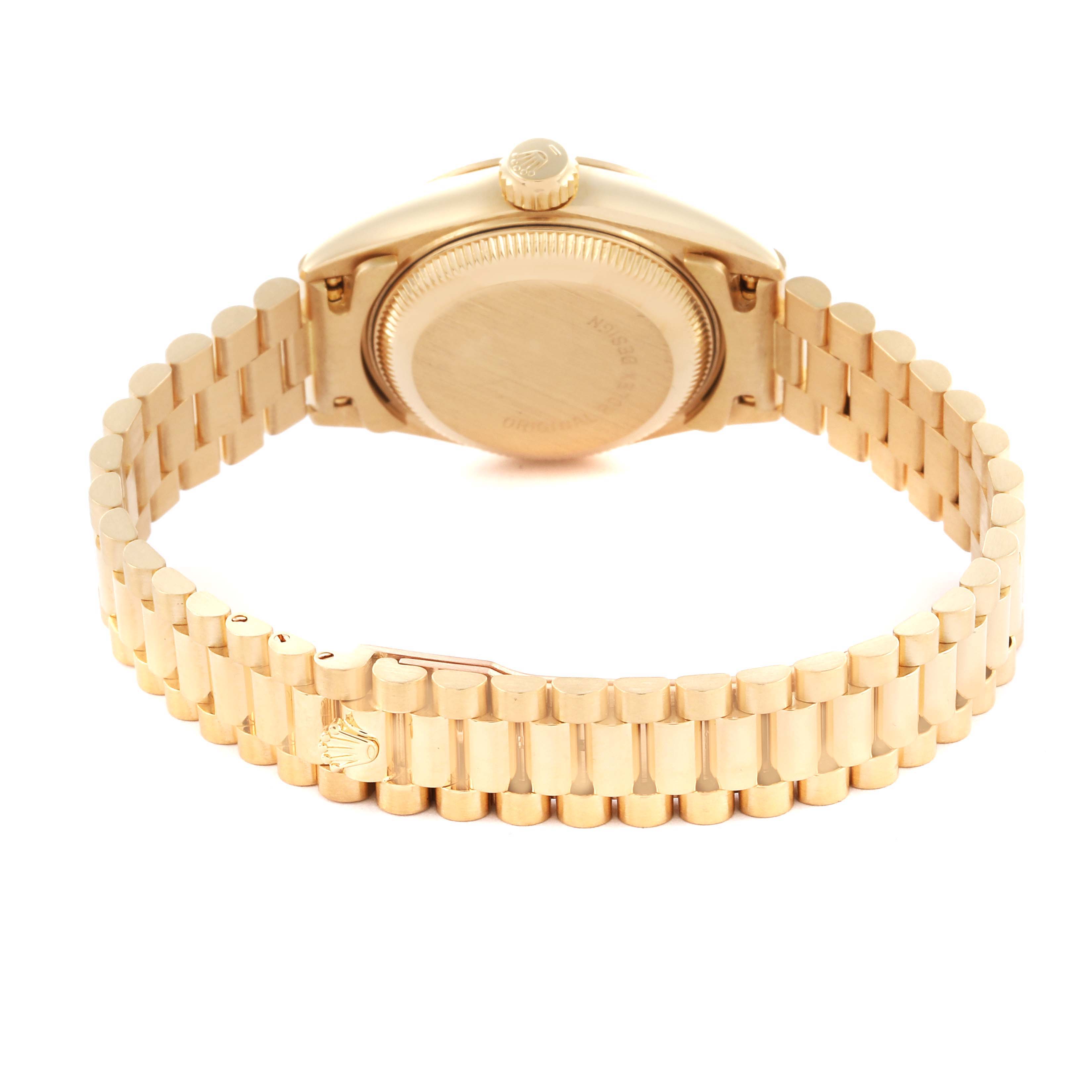 The image shows the back case and bracelet of a Rolex President 69178 Women's Yellow Gold Champagne Dial 69178 Women's Yellow Gold Champagne Dial model watch at a rear angle.