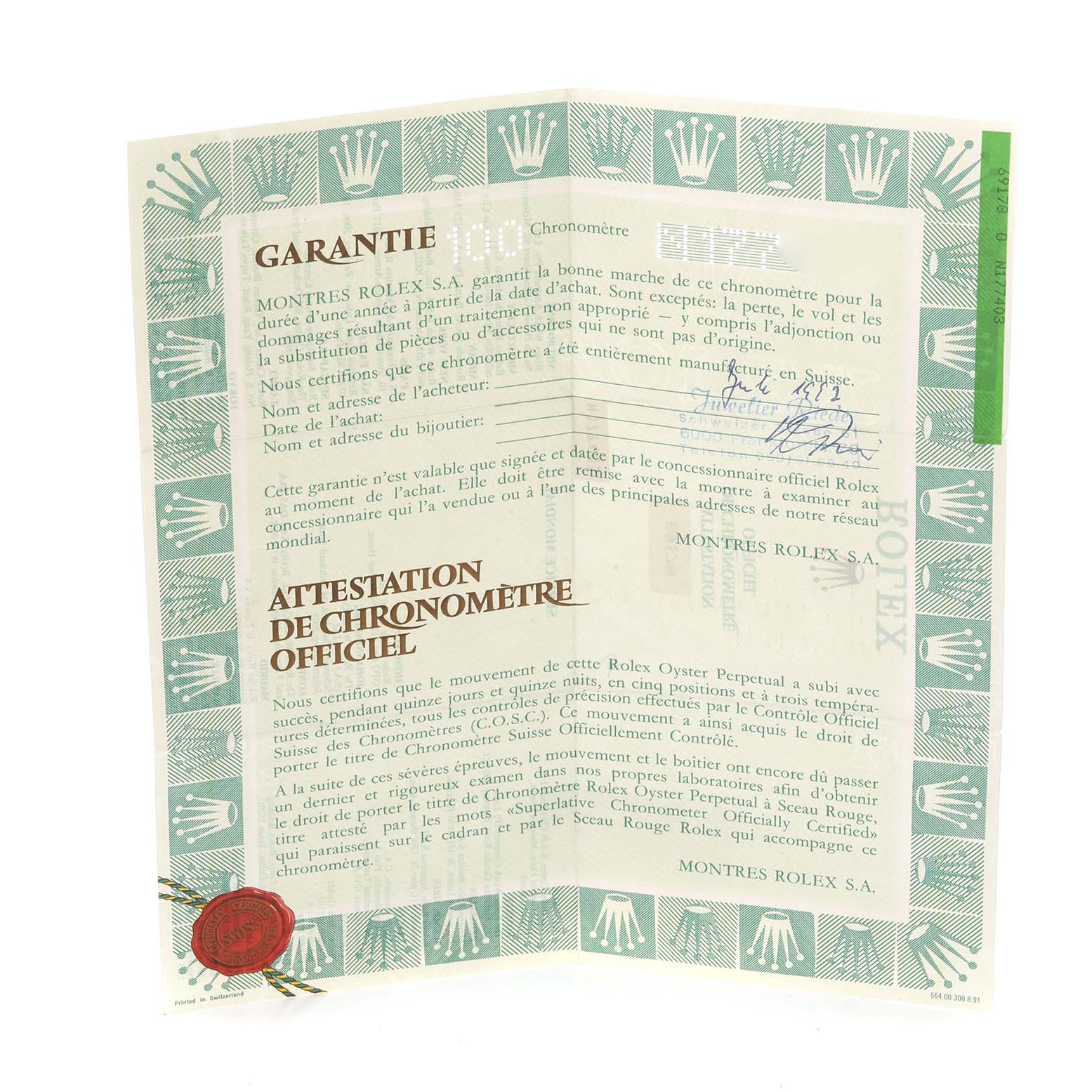 This image shows the warranty document for the Rolex President 69178 Women's Yellow Gold Champagne Dial 69178 Women's Yellow Gold Champagne Dial model watch.