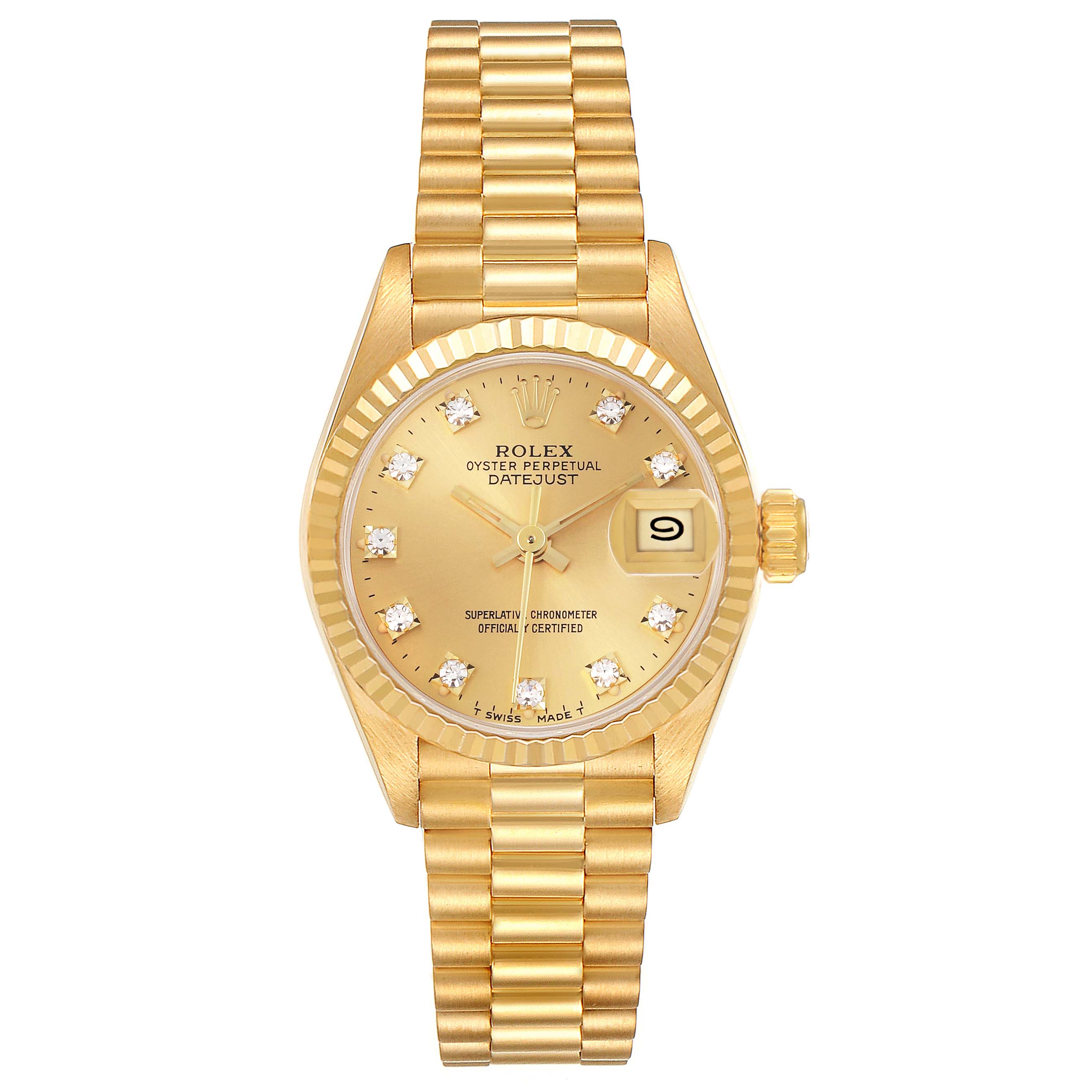 The Rolex President 69178 Women's Yellow Gold Champagne Dial 69178 Women's Yellow Gold Champagne Dial model is shown from a top view, highlighting its gold case, fluted bezel, and bracelet.