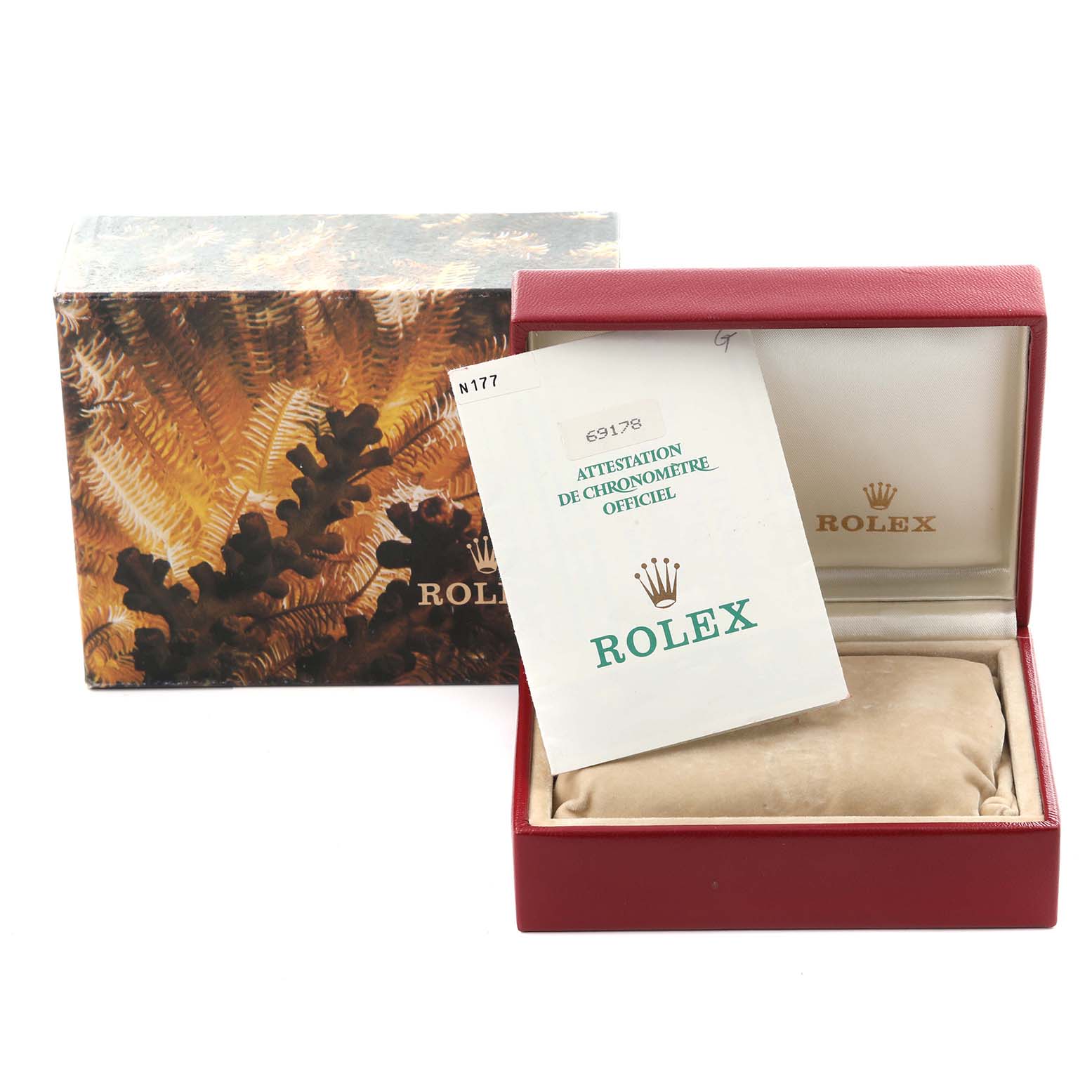 The image shows a Rolex President 69178 Women's Yellow Gold Champagne Dial 69178 Women's Yellow Gold Champagne Dial model box and paperwork, with no watch visible, from a front angle.