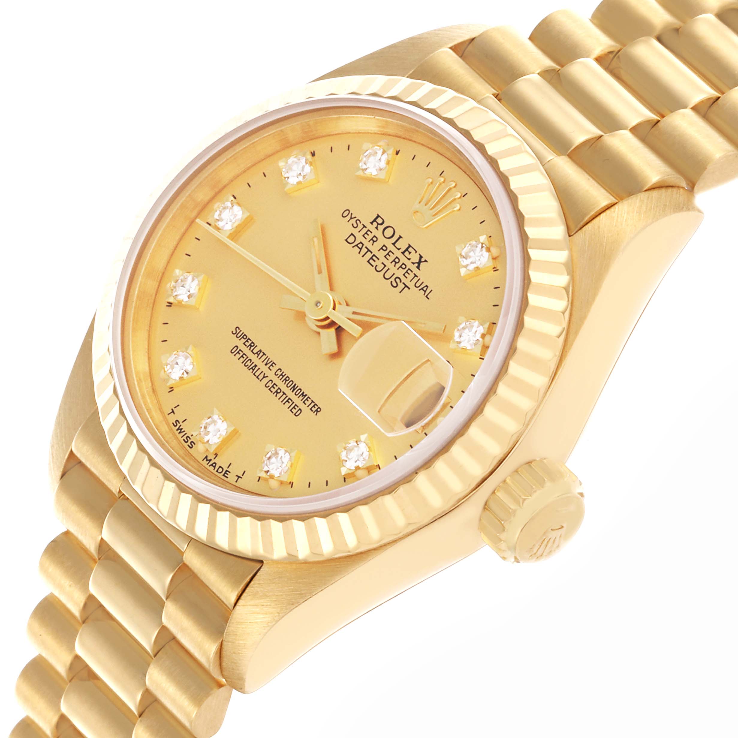 The Rolex President 69178 Women's Yellow Gold Champagne Dial 69178 Women's Yellow Gold Champagne Dial model watch is shown at an angle highlighting the face, bezel, crown, and part of the bracelet.