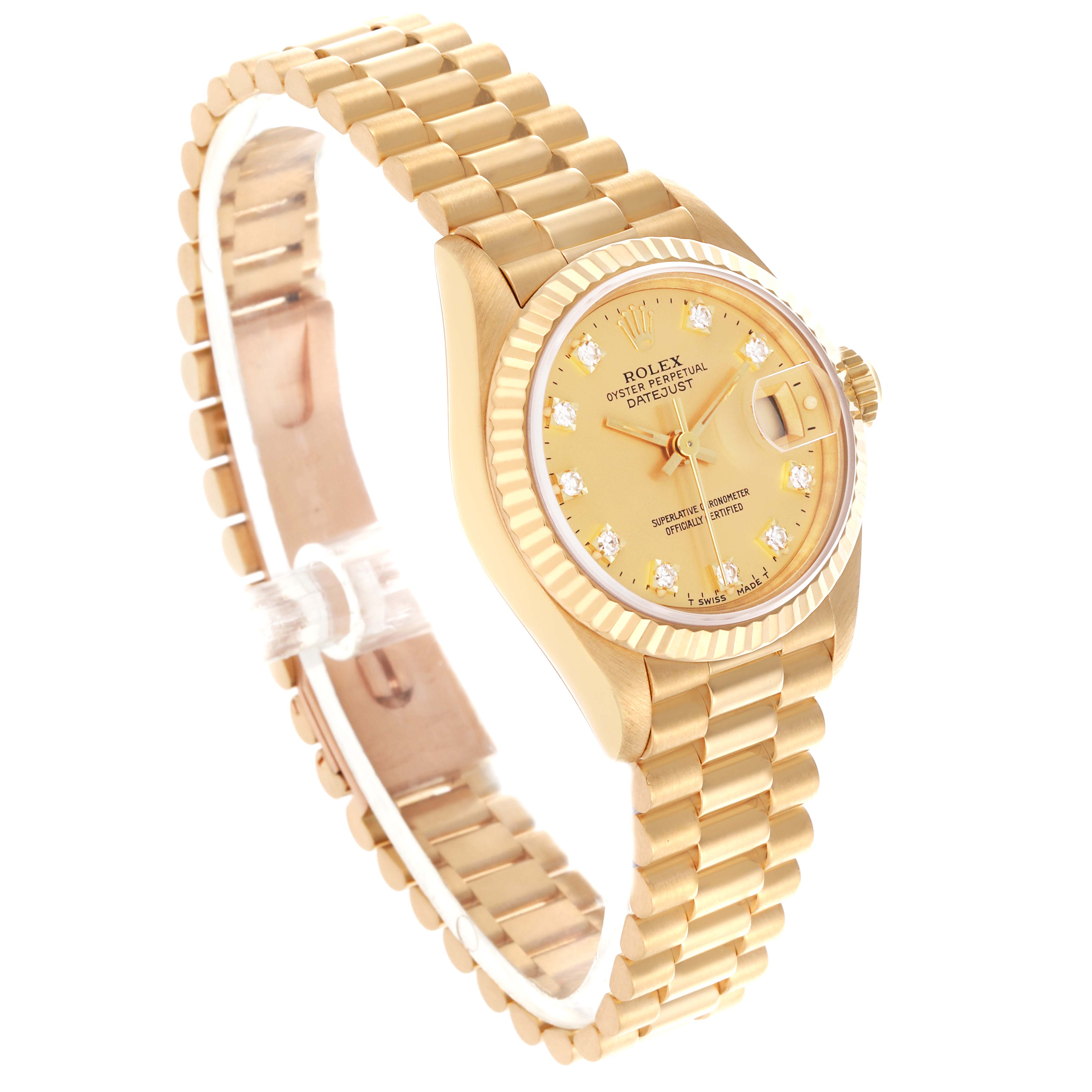 The Rolex President 69178 Women's Yellow Gold Champagne Dial 69178 Women's Yellow Gold Champagne Dial model is shown at an angle highlighting the face, bezel, and bracelet.