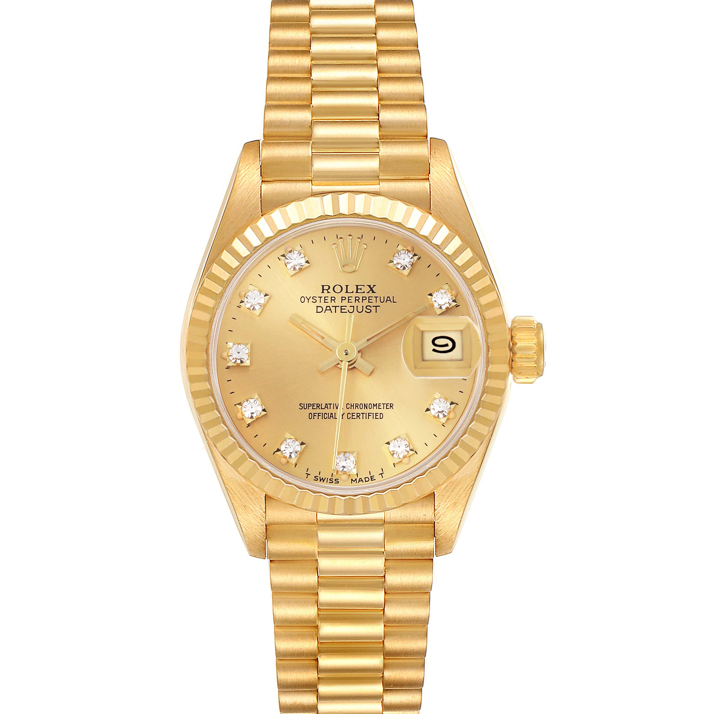The Rolex President 69178 Women's Yellow Gold Champagne Dial 69178 Women's Yellow Gold Champagne Dial model is shown from a top-down angle, highlighting the gold face, diamond markers, and fluted bezel.