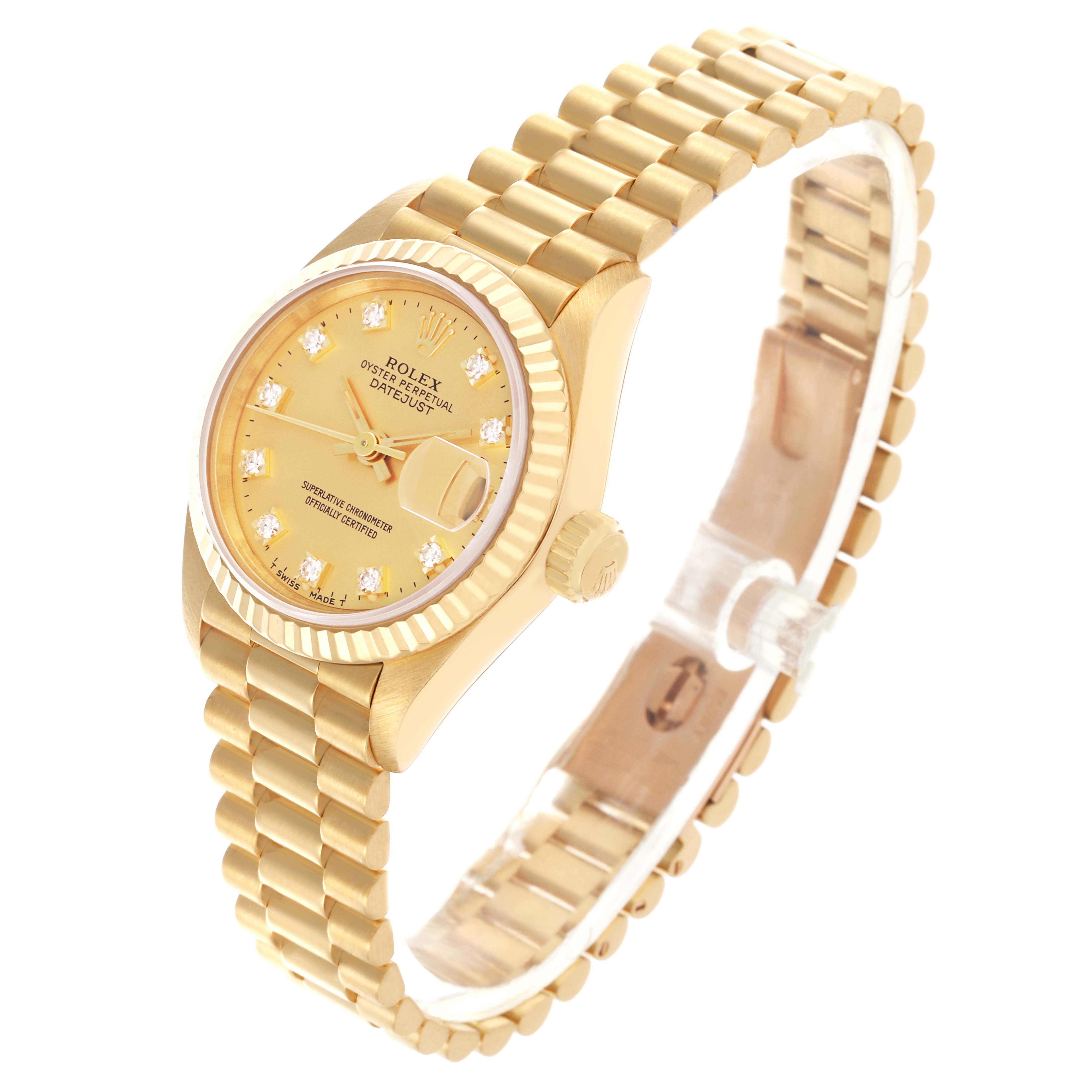 The Rolex President 69178 Women's Yellow Gold Champagne Dial 69178 Women's Yellow Gold Champagne Dial model watch is shown at an angled view, highlighting the face, bezel, crown, and bracelet.