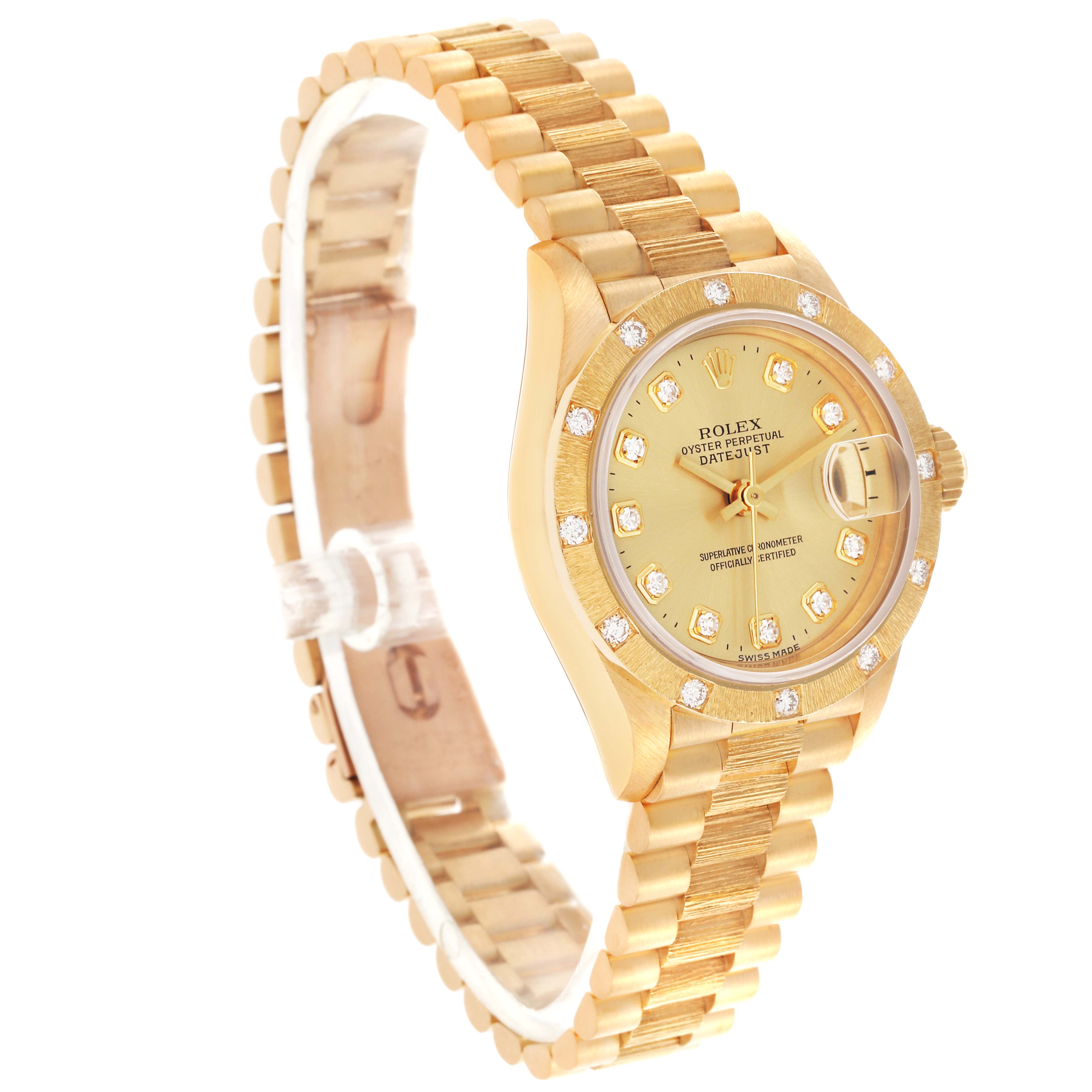 The Rolex President 69288 Women's Yellow Gold Champagne Dial 69288 Women's Yellow Gold Champagne Dial model watch is shown at a three-quarter angle highlighting the dial, bezel, and bracelet.