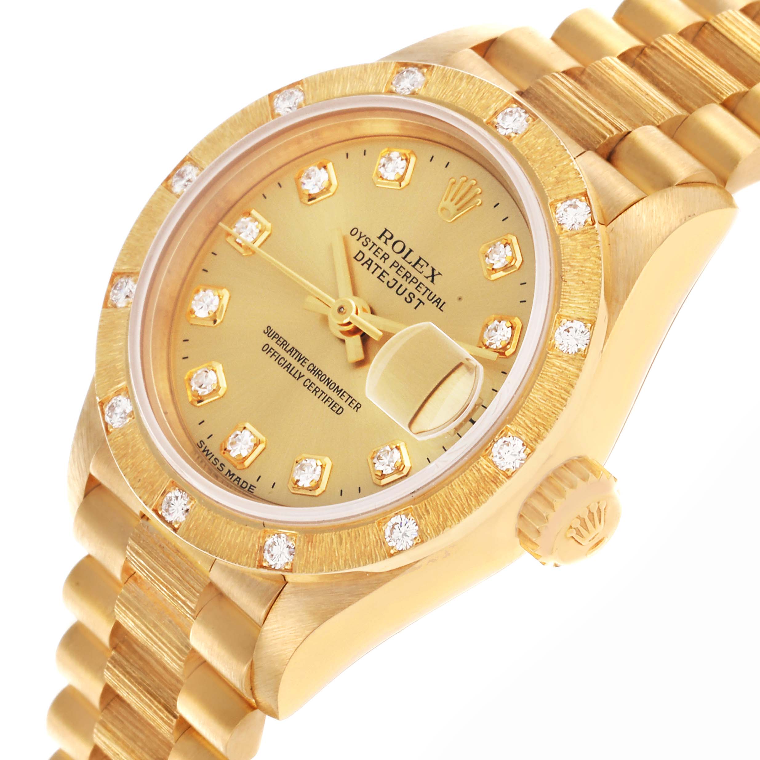 The Rolex President 69288 Women's Yellow Gold Champagne Dial 69288 Women's Yellow Gold Champagne Dial model is shown from a slight angled top view, displaying the dial, bezel, and part of the bracelet.